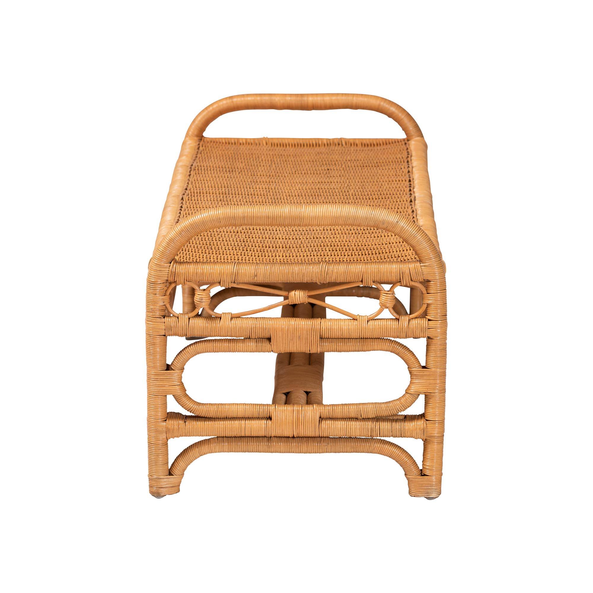 Left. bali & pari - Ayala Natural Rattan Accent Bench - Handwoven Wicker Accent Seating with Decorative Apron and Integrated Handles - Light Honey.