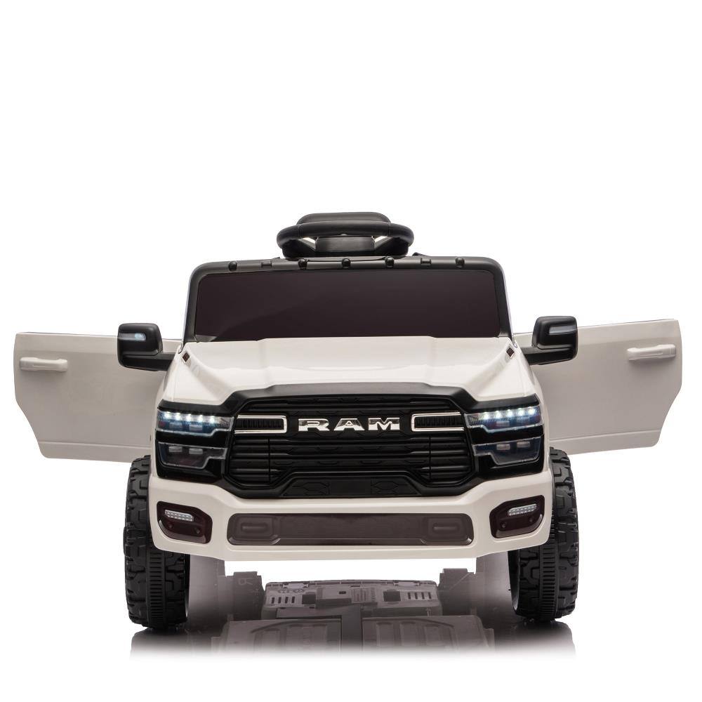 Angle. BreeBe - Licensed Dodge RAM 3500 12V Kids Ride On Truck w/ Remote, 2WD, Suspension, LED Lights, Music, Bluetooth, Ages 3-6 - White.