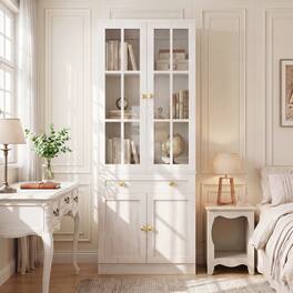 Aheaplus - 80'' Tall Farmhouse Bookcase with Drawer, Glass Doors, and Adjustable Shelves - Off White