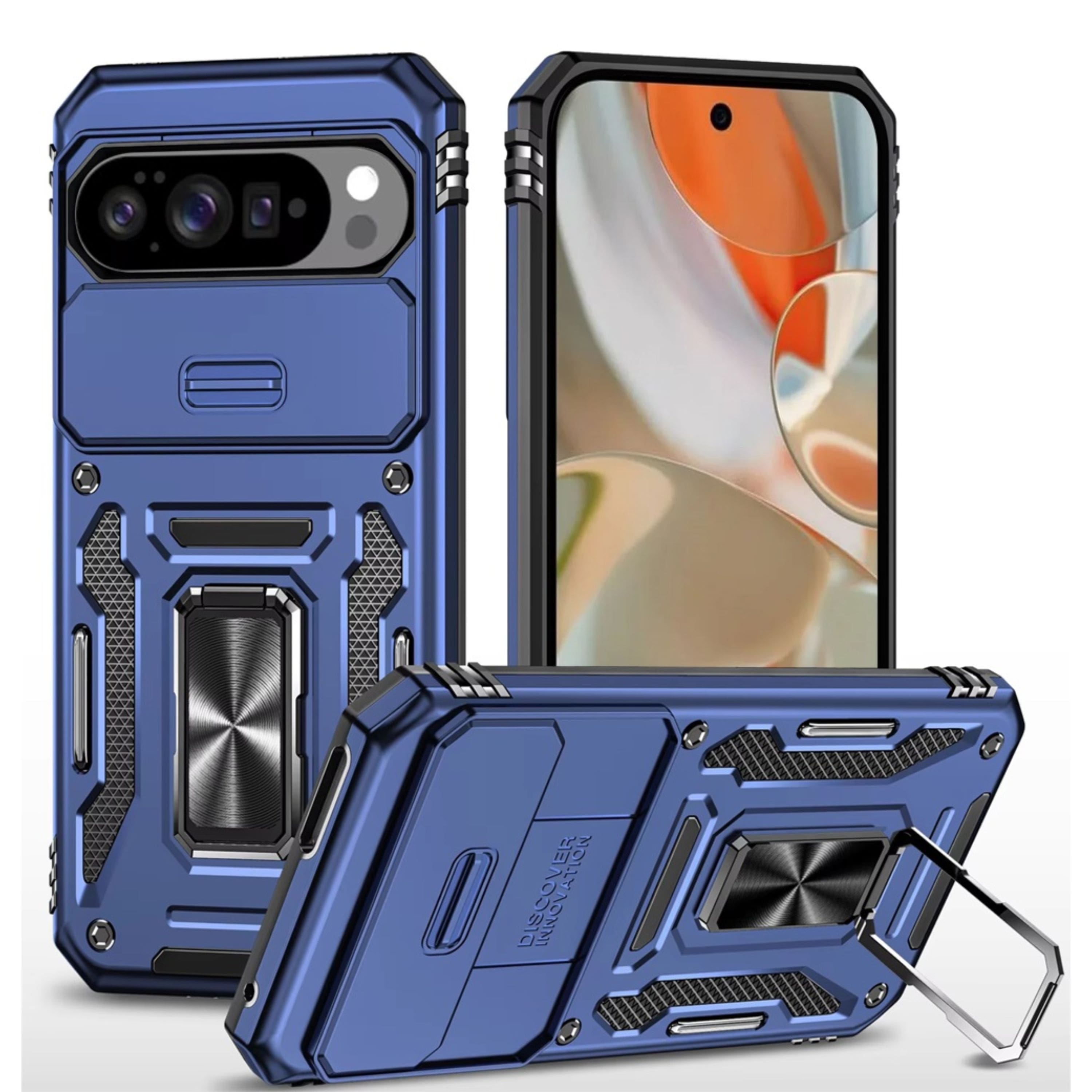 Kitcheniva - Sliding Lens Cover Metal Stand Phone Case With Tempered Glass For Google Pixel 10 Pro XL - Navy blue price history on PriceWatchPro