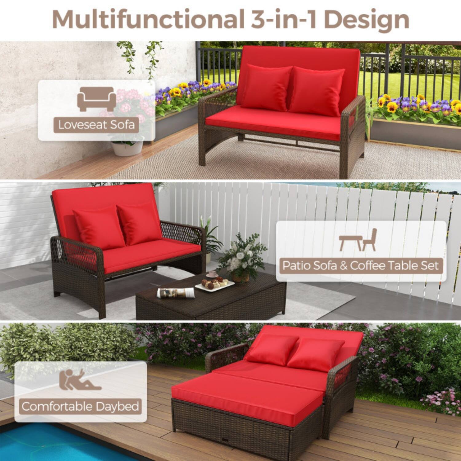 Multifunctional 3-in-1 Design

- Loveseat Sofa
- Patio Sofa & Coffee Table Set
- Comfortable Daybed
