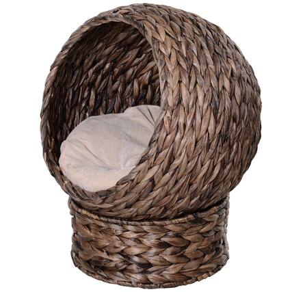 Front. Siljoy - Grey Handwoven Cat Egg Chair, Rotating Elevated Bed with Cushion & 23.5" Stand, Wicker Basket Design - Gray.