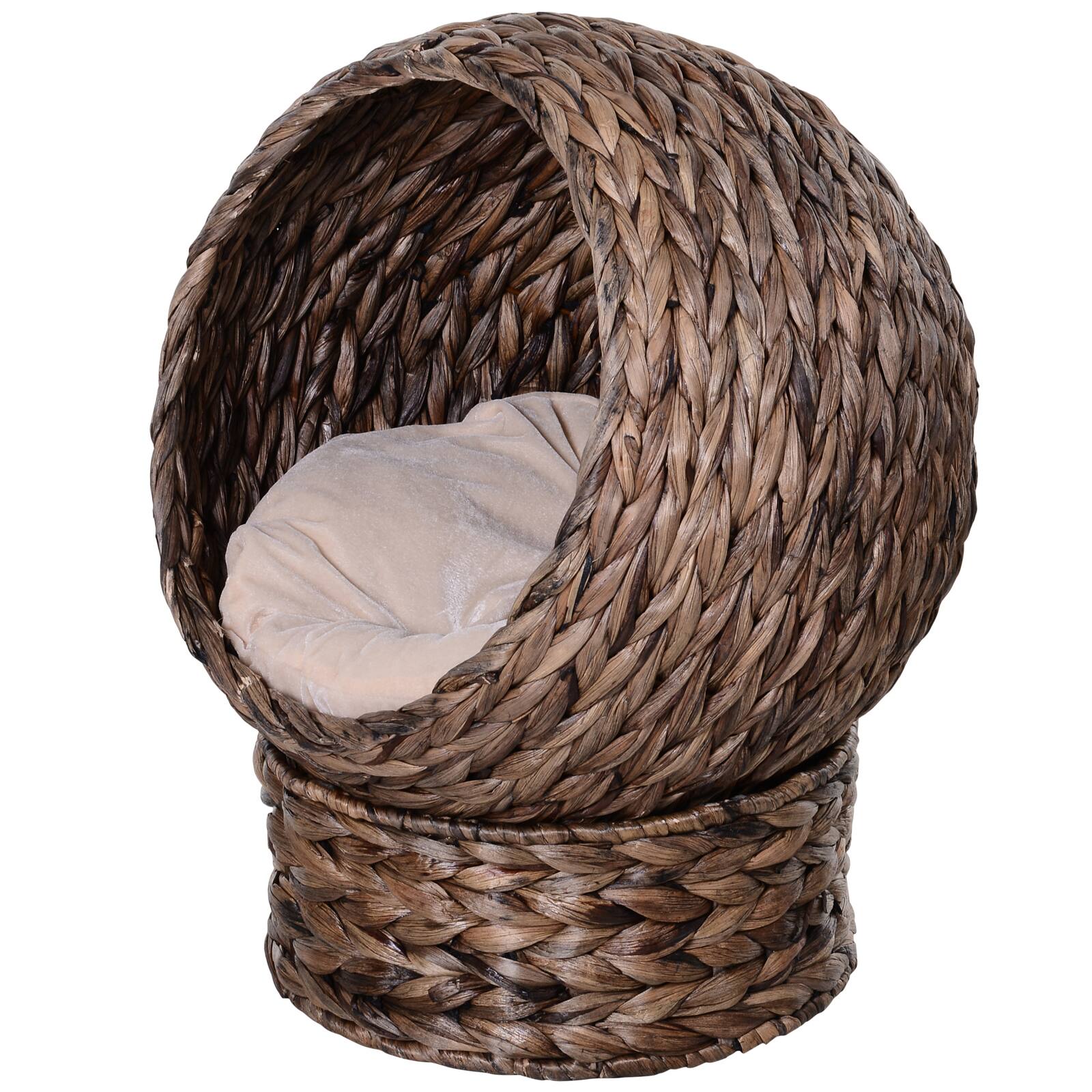 Front. Siljoy - Grey Handwoven Cat Egg Chair, Rotating Elevated Bed with Cushion & 23.5" Stand, Wicker Basket Design - Gray.