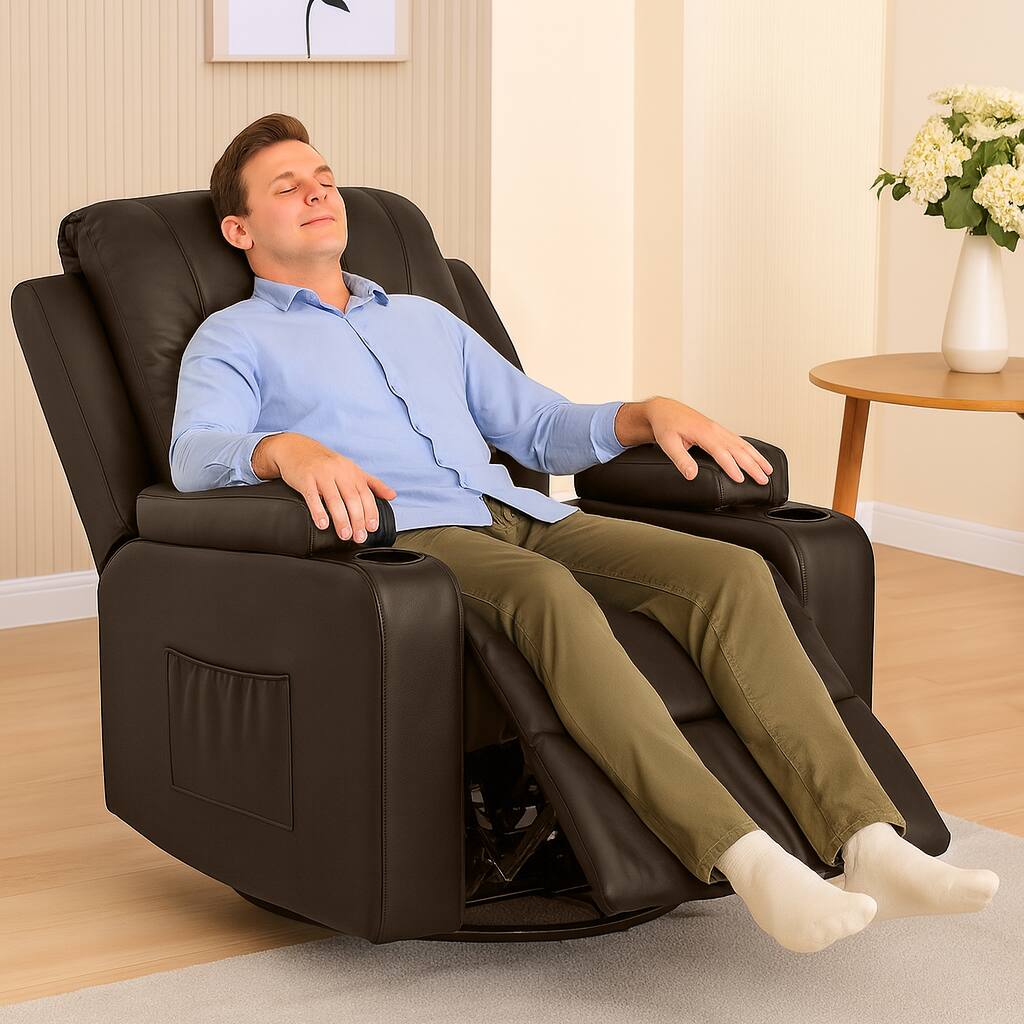 Alt View 1. CloudRest Pro - Recliner Chair with Cup Holders PU Rocking Chair with Side Pockets Single Sofa Seat,Brown - Brown.
