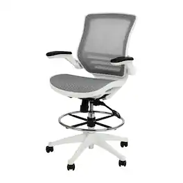 Emma + Oliver - Mid-Back Transparent Mesh Drafting Chair with Flip-Up Arms - Gray Mesh/White Frame