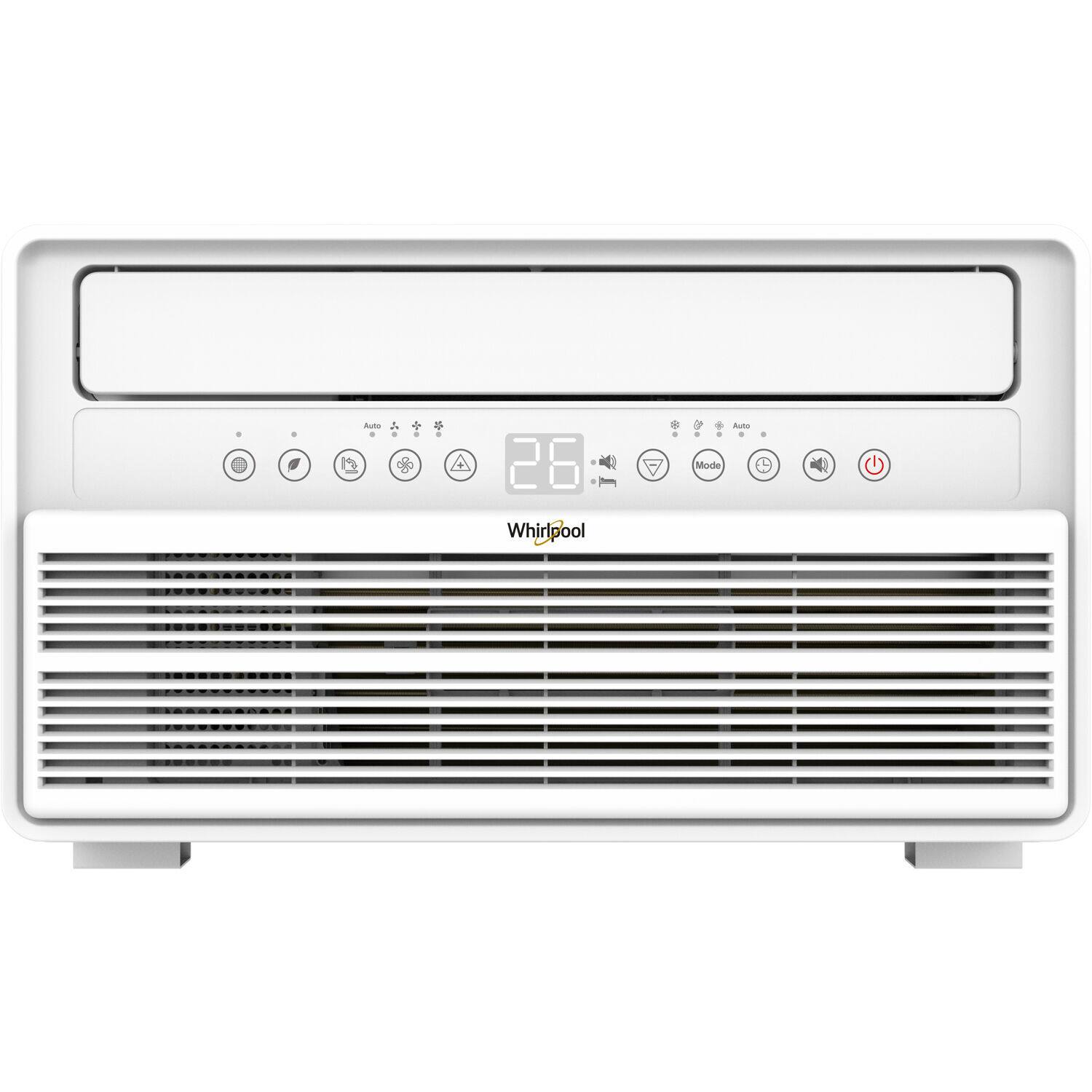 A white Whirlpool air conditioner with a digital display and buttons.