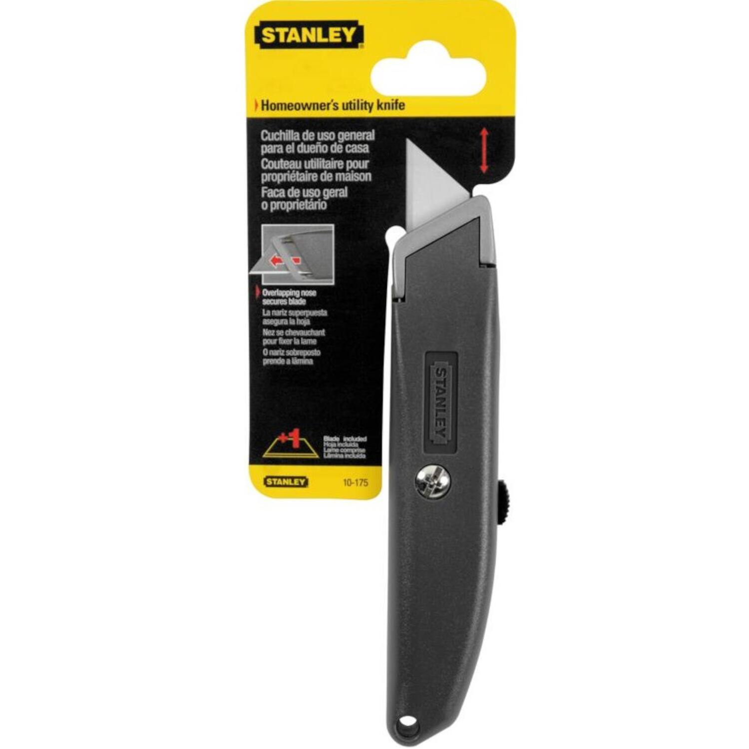 STANLEY Homeowner's utility knife  
Cuchilla de uso general para el dueño de casa  
Couteau utilitaire pour propriétaire de maison  
Faca de uso geral o proprietário  

Overlapping nose secures blade  
La nariz superpuesta asegura la hoja  
Nez se chevuchant pour fixer la lame  
O nariz sobreposto prende a lâmina  

STANLEY  
10-175