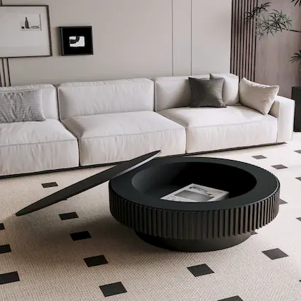 Front. Loheer - Loheer 39 Inch Black Round Coffee Table with Storage Solid Wood Veneer Modern Accent Tea Table - Black.