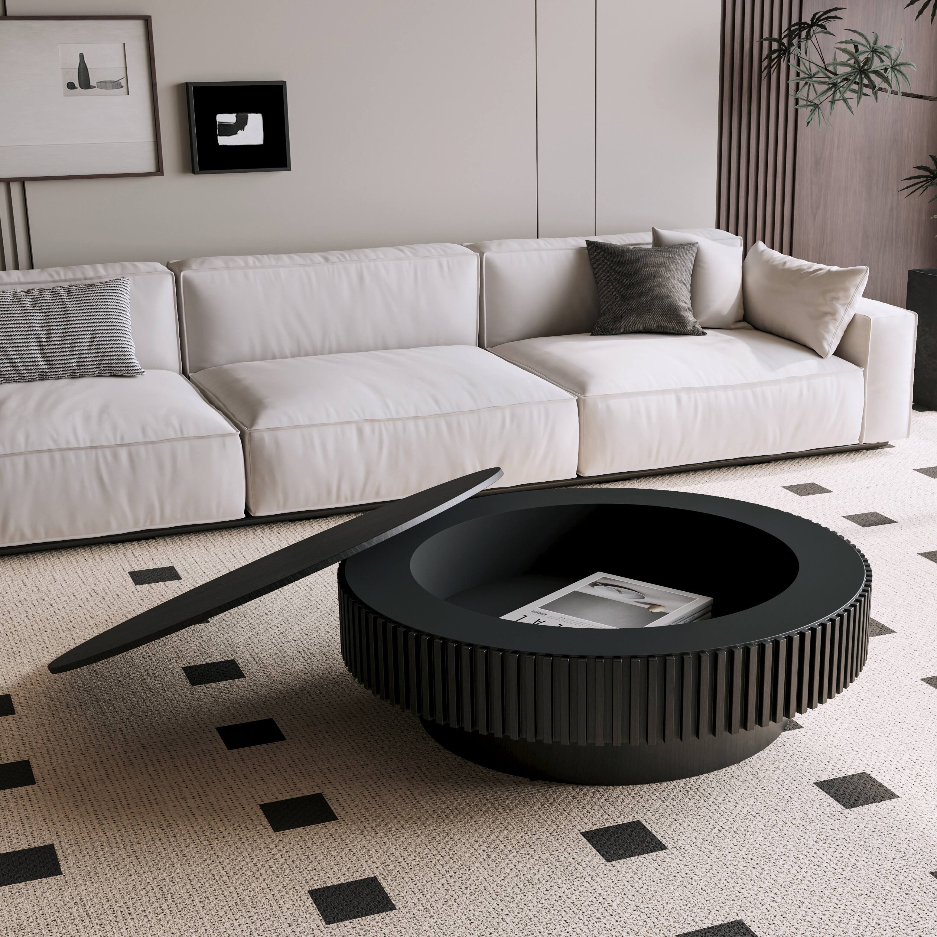 Front. Loheer - Loheer 39 Inch Black Round Coffee Table with Storage Solid Wood Veneer Modern Accent Tea Table - Black.