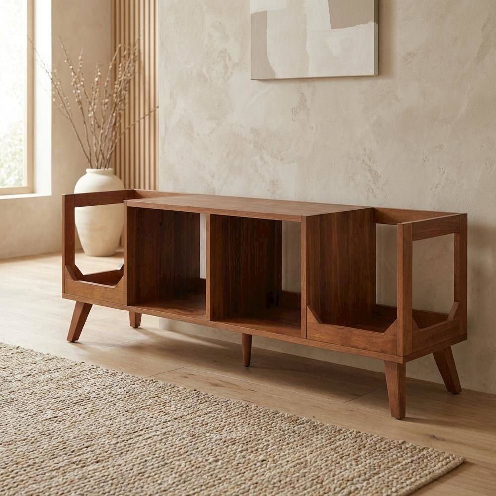 Alt View 4. FurniFact - Black wood record player stand with vinyl storage and cable management - Walnut.