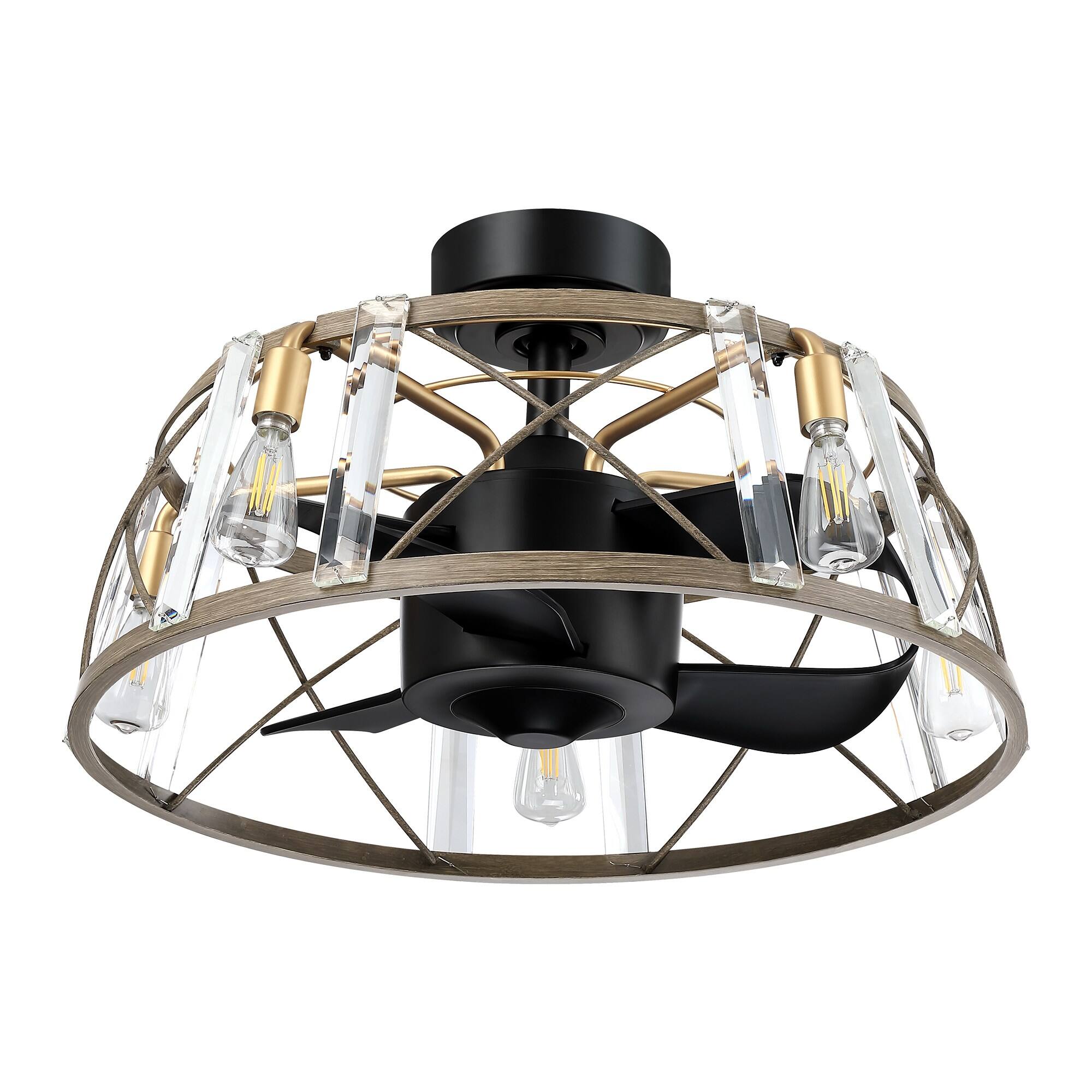 Back. Parrot Uncle - 25" Modern Matte Black Crystal Cage Chandelier Ceiling Fan with Remote - Black.