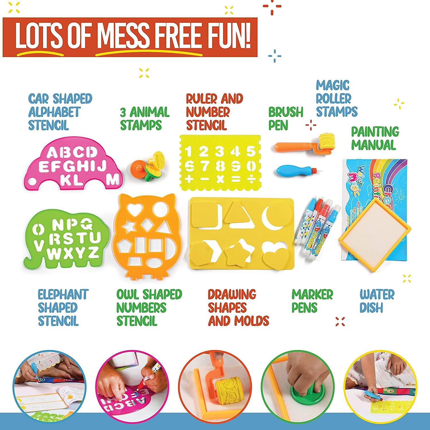 LOTS OF MESS FREE FUN!

- CAR SHAPED ALPHABET STENCIL
  - ABCD EFGHIJ KL M

- 3 ANIMAL STAMPS

- RULER AND NUMBER STENCIL
  - 1 2 3 4 5 6 7 8 9 0 + - x =

- BRUSH PEN

- MAGIC ROLLER STAMPS

- PAINTING MANUAL

- ELEPHANT SHAPED STENCIL

- OWL SHAPED NUMBERS STENCIL

- DRAWING SHAPES AND MOLDS

- MARKER PENS

- WATER DISH