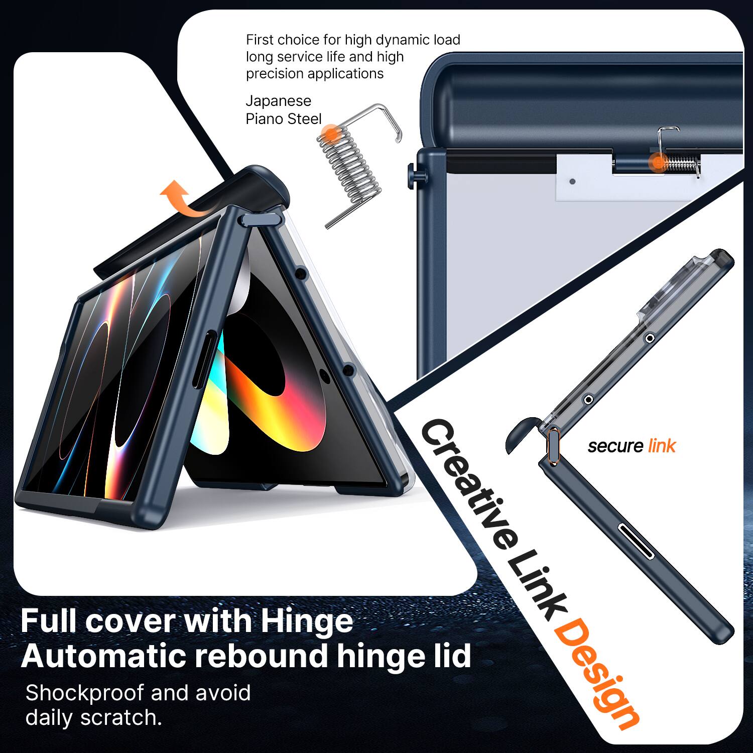 First choice for high dynamic load, long service life, and high precision applications: Japanese Piano Steel

Full cover with Hinge Automatic rebound hinge lid
Shockproof and avoid daily scratch.

Creative Link Design
secure link