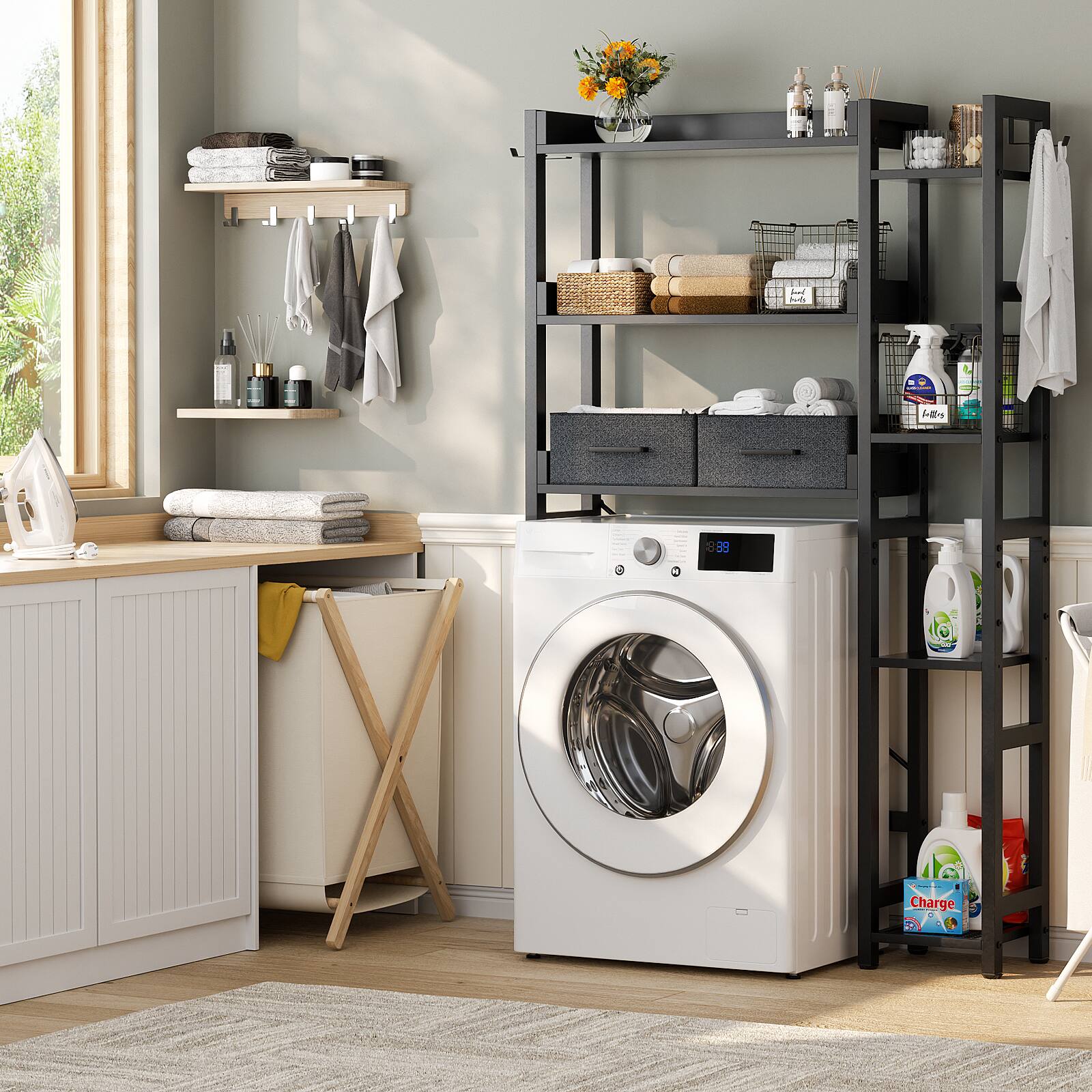 Angle. Aheaplus - Over the Toilet Storage with 2 Drawers, 7-Tier Freestanding Space Save Bathroom Organizer Shelf with 4 Hooks - Black.