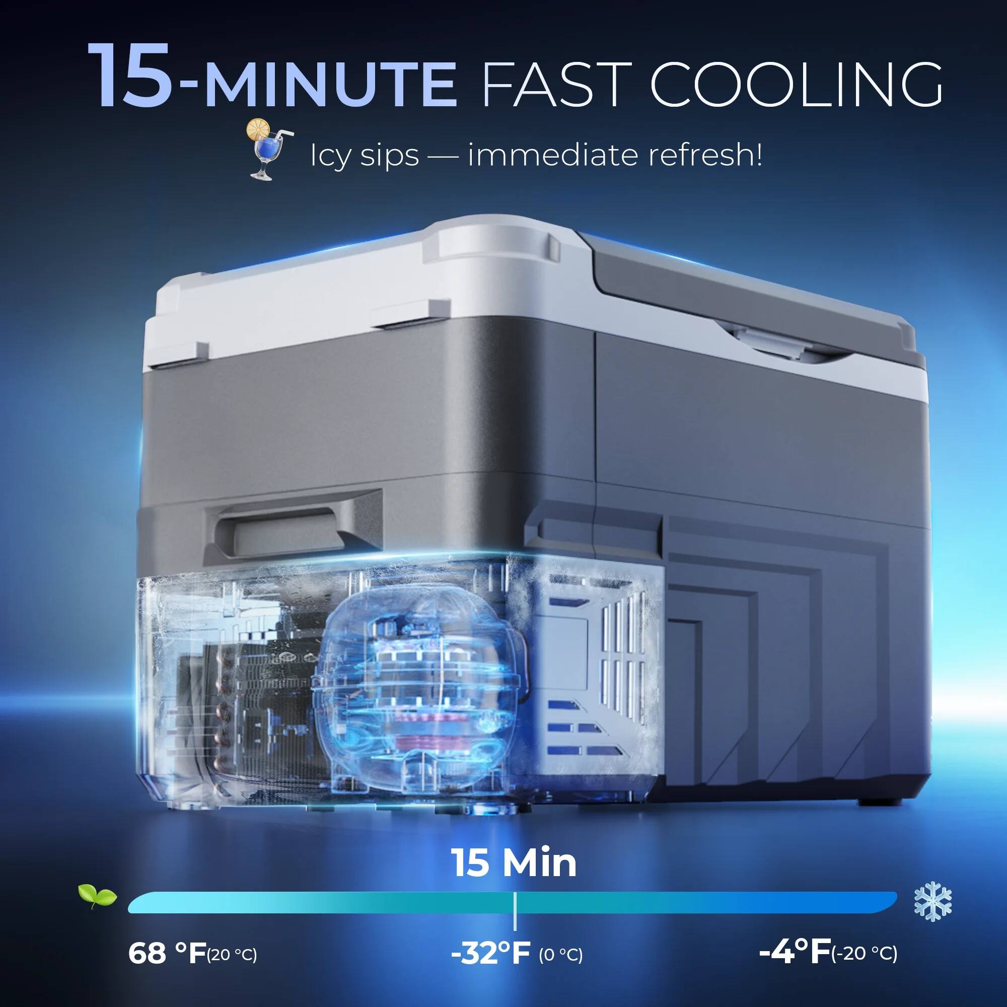 15-MINUTE FAST COOLING  
Icy sips — immediate refresh!  

15 Min  
68°F (20°C)  
-32°F (0°C)  
-4°F (-20°C)