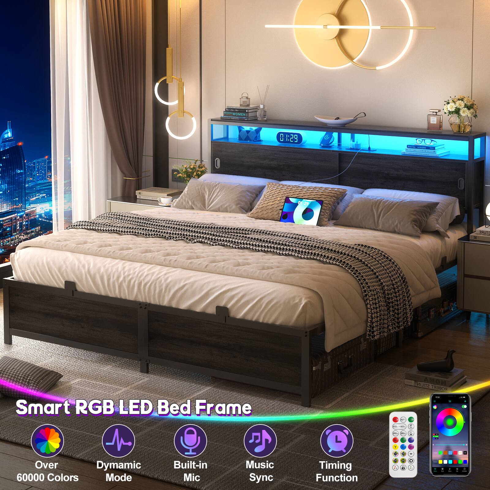 Smart RGB LED Bed Frame

- Over 60000 Colors
- Dynamic Mode
- Built-in Mic
- Music Sync
- Timing Function