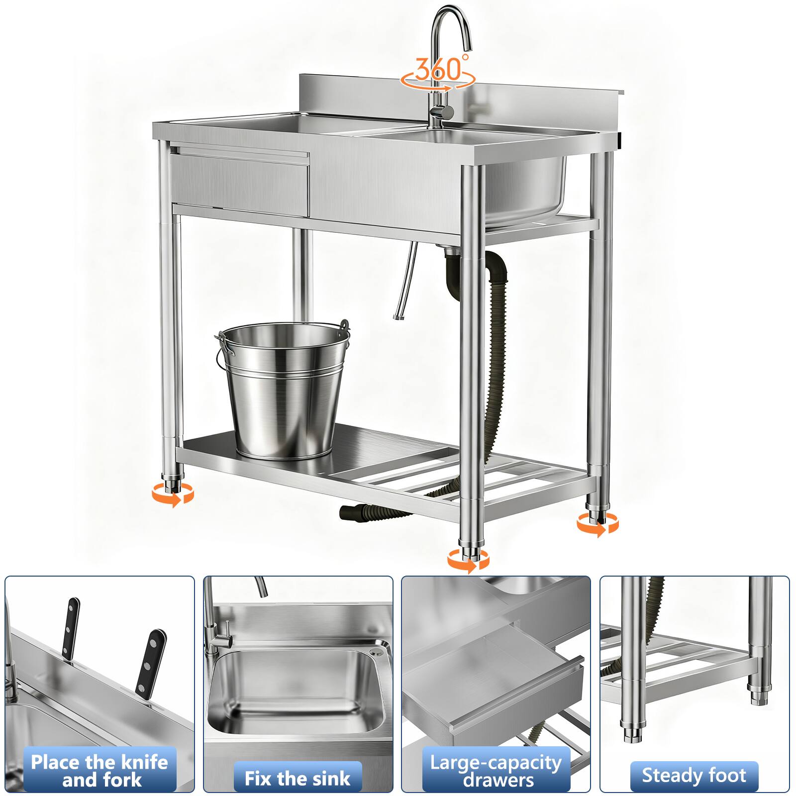 360°

Place the knife and fork

Fix the sink

Large-capacity drawers

Steady foot