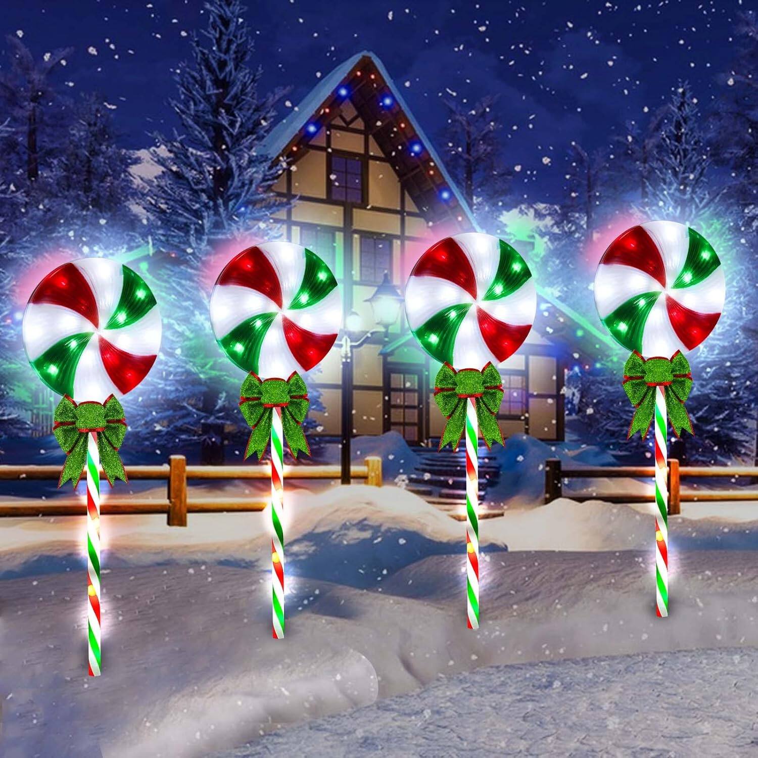PARKER SLATER - Lollipop Peppermint Christmas Pathway Lights Outdoor with Bows 4 Pack 27.5"