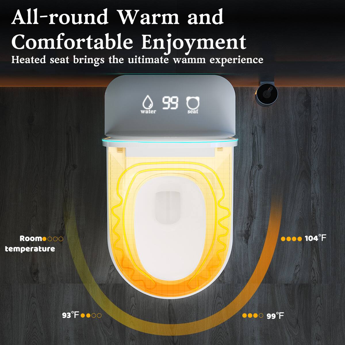 All-round Warm and Comfortable Enjoyment  
Heated seat brings the ultimate wamm experience  

- Room temperature: 93°F  
- 99°F  
- 104°F