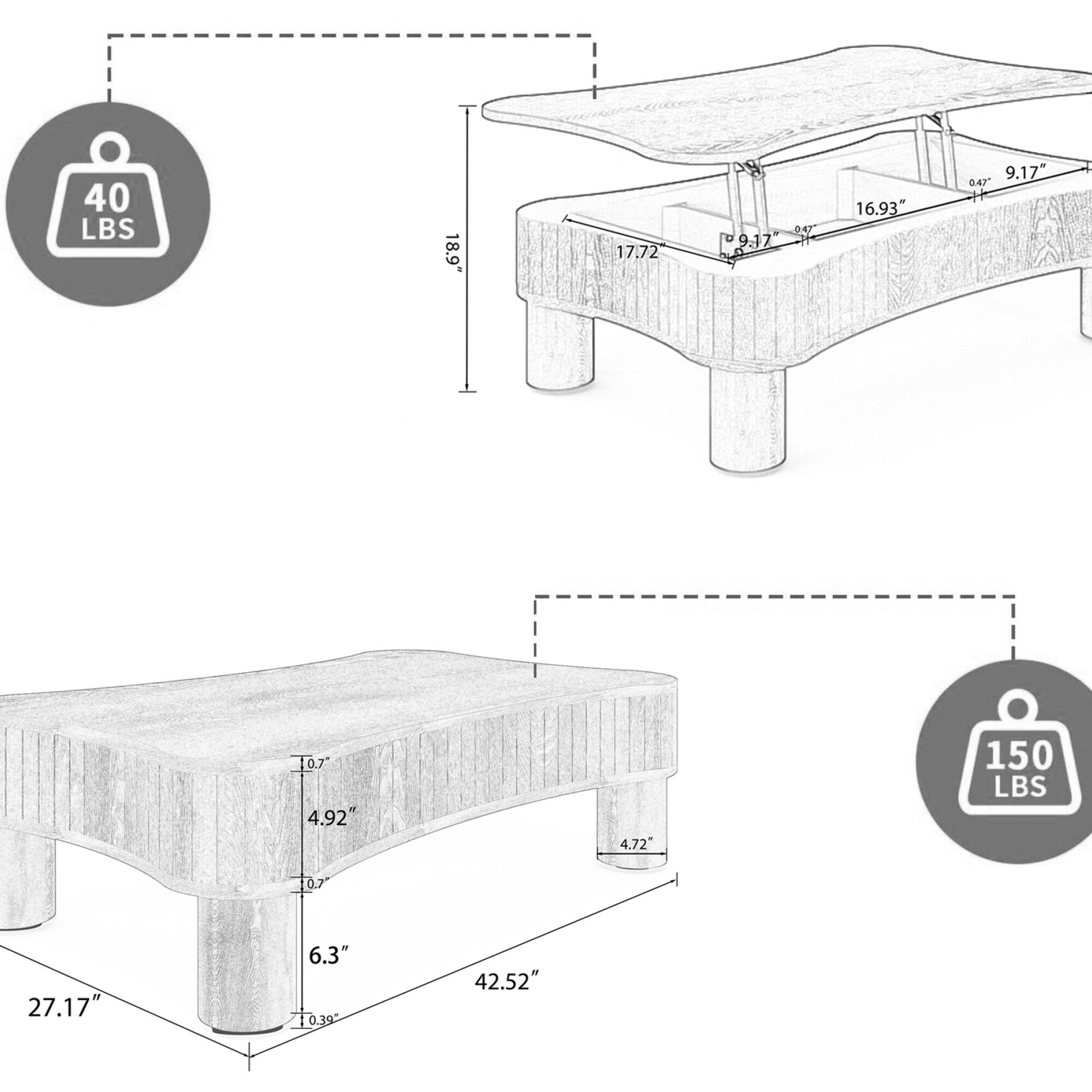 40 LBS  
18.9"  
17.72"  
0.47"  
9.17"  
16.93"  
10.7"  
4.92"  
4.72"  
150 LBS  
0.7"  
27.17"  
6.3"  
10.39"  
42.52"