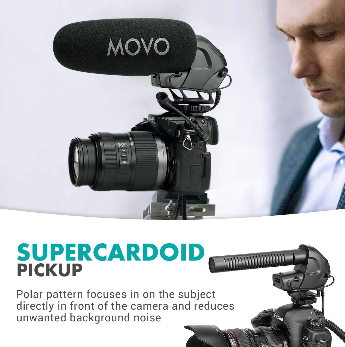 MOVO QIL -- SUPERCARDIOID PICKUP  
Polar pattern focuses in on the subject directly in front of the camera and reduces unwanted background noise  

SUPERCARDIOID PICKUP  
Polar pattern focuses in on the subject directly in front of the camera and reduces unwanted background noise