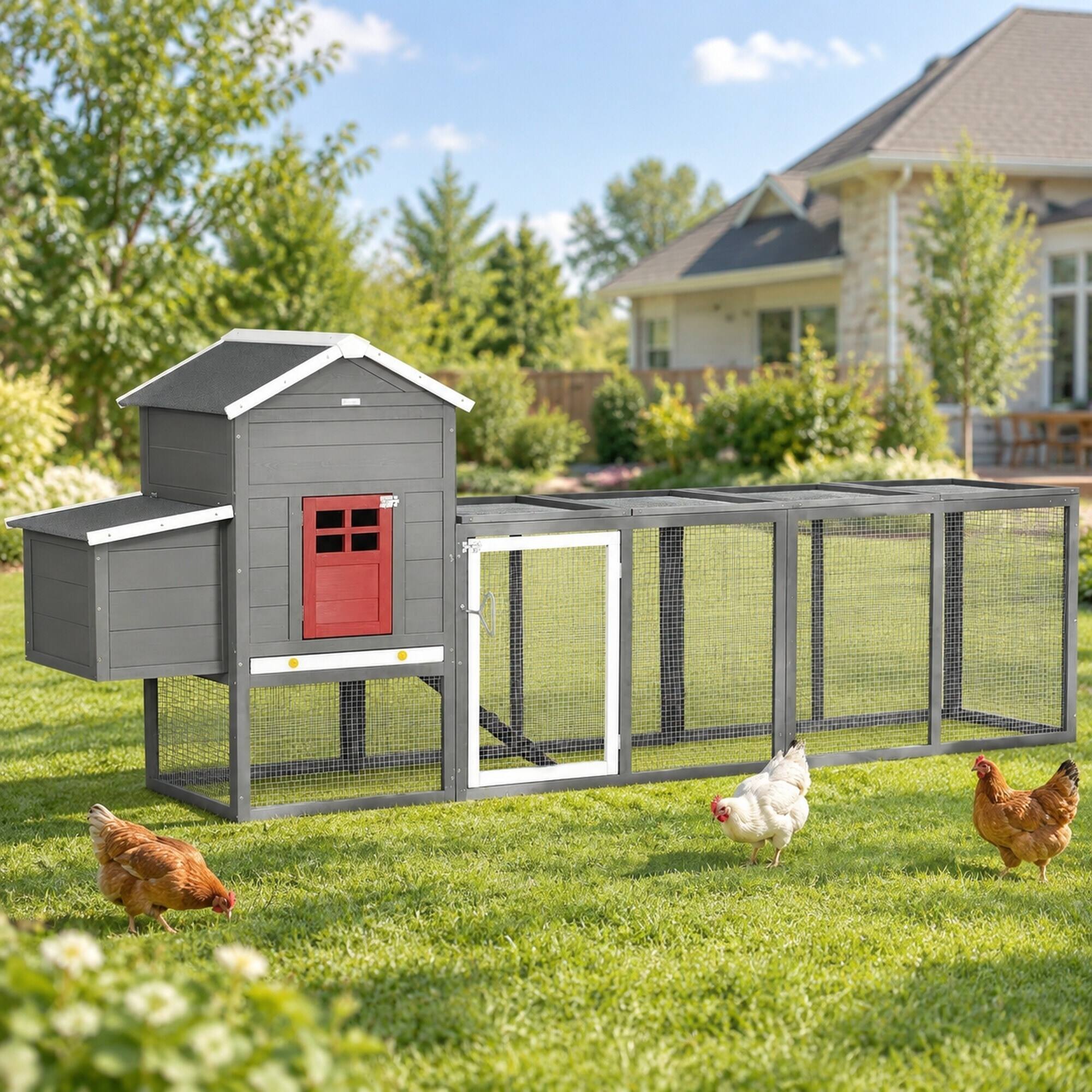 Left. RYHNUYNE - 118 in Extra Large Wooden Chicken Coop, Fir Wood Hen House, Asphalt Roof, Nesting Box, Slide-Out Tray.