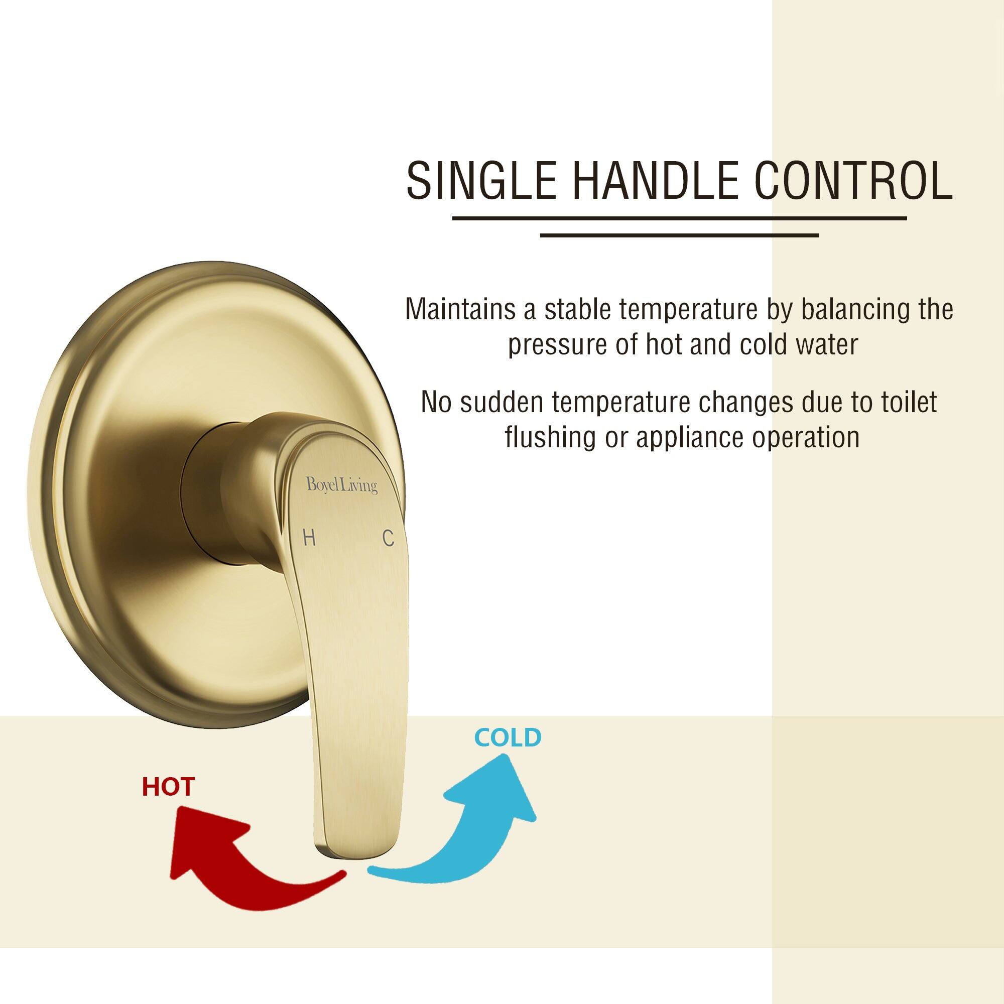 SINGLE HANDLE CONTROL
Maintains a stable temperature by balancing the pressure of hot and cold water
No sudden temperature changes due to toilet flushing or appliance operation
Boyel Living
H C
COLD
HOT