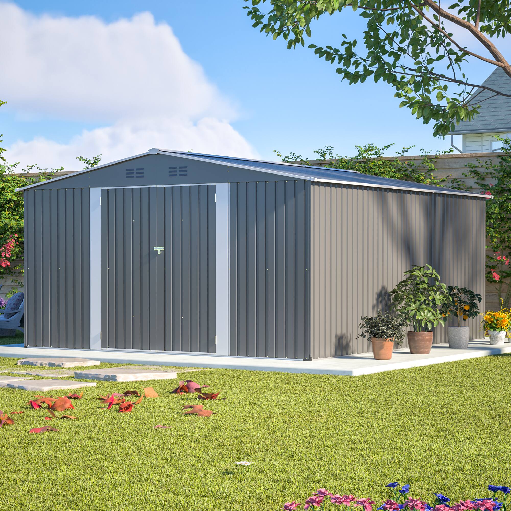Alt View 8. Loheer - Loheer 12x14 Metal Storage Shed Large Garden Tool Shed Waterproof Yard Building with Lockable Double Doors Light Gray.