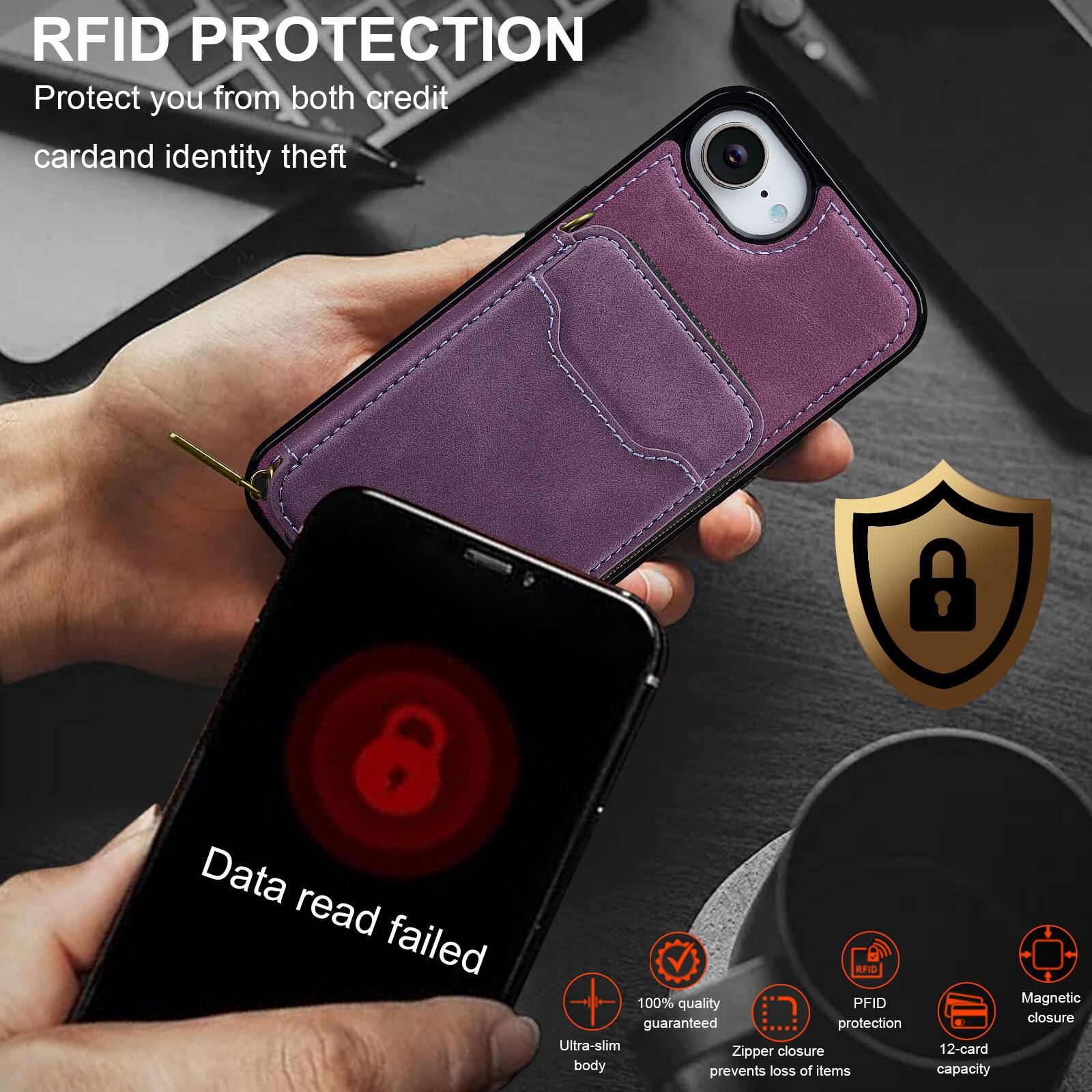 RFID PROTECTION  
Protect you from both credit card and identity theft  

Data read failed  

100% quality guaranteed protection  
Ultra-slim closure  
Zipper body prevents loss of items  
Magnetic closure  
12-card capacity  

RFID PROTECTION  
Protect you from both credit card and identity theft