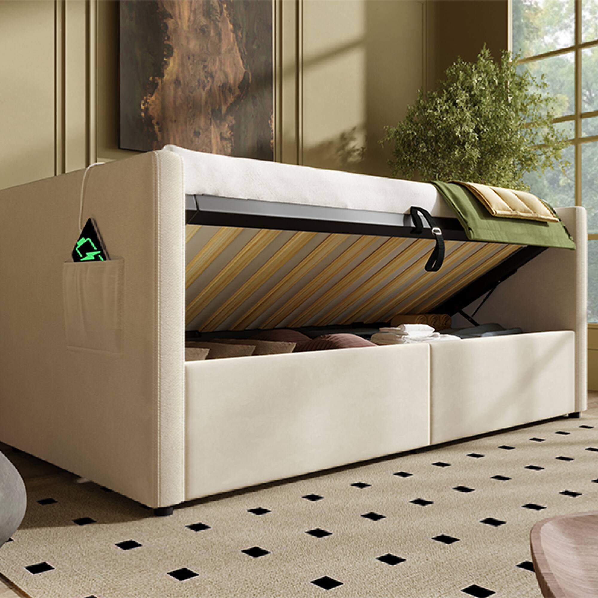 Alt View 7. GOODSILO - Upholstered Twin Size Daybed with Hydraulic Storage and USB Charging, Tufted Sofa Back Design - Beige.