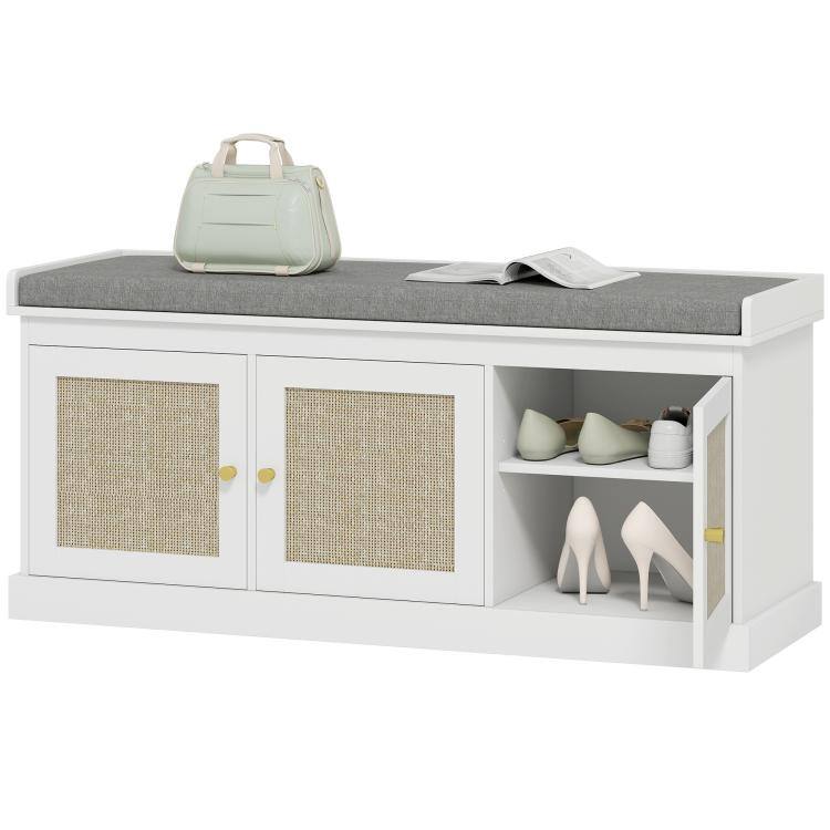 Front. PULUZ - Shoe Storage Bench with Woven Rattan Doors, Shoe Bench with Cushion, Adjustable Shelves, Entryway Bench - White.