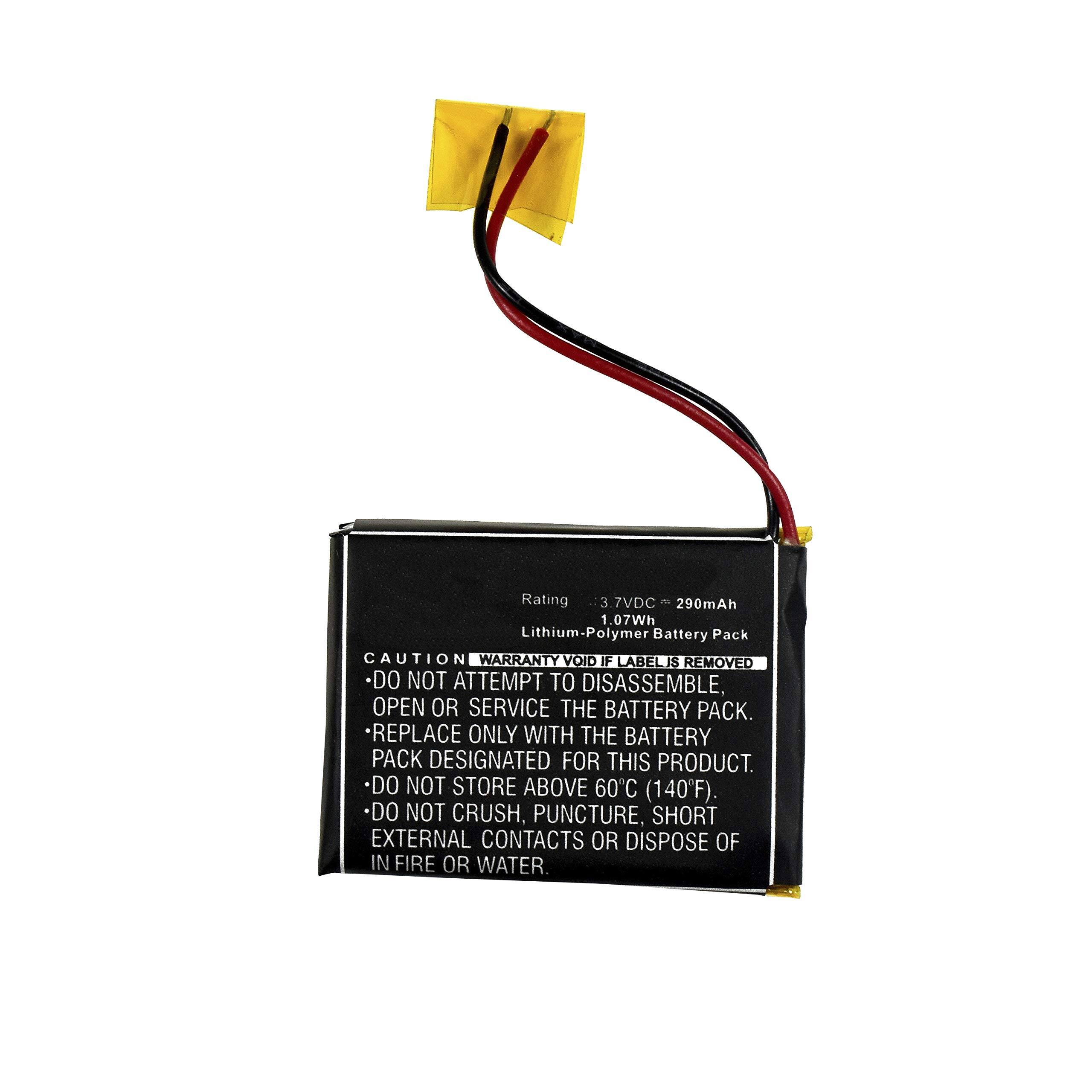 Rating: 3.7VDC, 290mAh, 0.7Wh  
Lithium-Polymer Battery Pack  

CAUTION  
WARRANTY VOID IF LABEL IS REMOVED  
- DO NOT ATTEMPT TO DISASSEMBLE, OPEN OR SERVICE THE BATTERY PACK.  
- REPLACE ONLY WITH THE BATTERY PACK DESIGNATED FOR THIS PRODUCT.  
- DO NOT STORE ABOVE 60°C (140°F).  
- DO NOT CRUSH, PUNCTURE, SHORT EXTERNAL CONTACTS OR DISPOSE OF IN FIRE OR WATER.