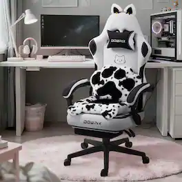 Dowinx - Cute Gaming Chair with Cat Ears and Paw Lumbar Seat Cushion, Ergonomic Computer Chair with Footrest & Headrest - Black white