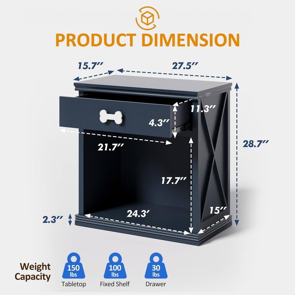PRODUCT DIMENSION

15.7"  
27.5"  
4.3"  
11.3"  
21.7"  
28.7"  
17.7"  
2.3"  
24.3"  
15"

Weight Capacity

Tabletop: 150 lbs  
Fixed Shelf: 100 lbs  
Drawer: 30 lbs
