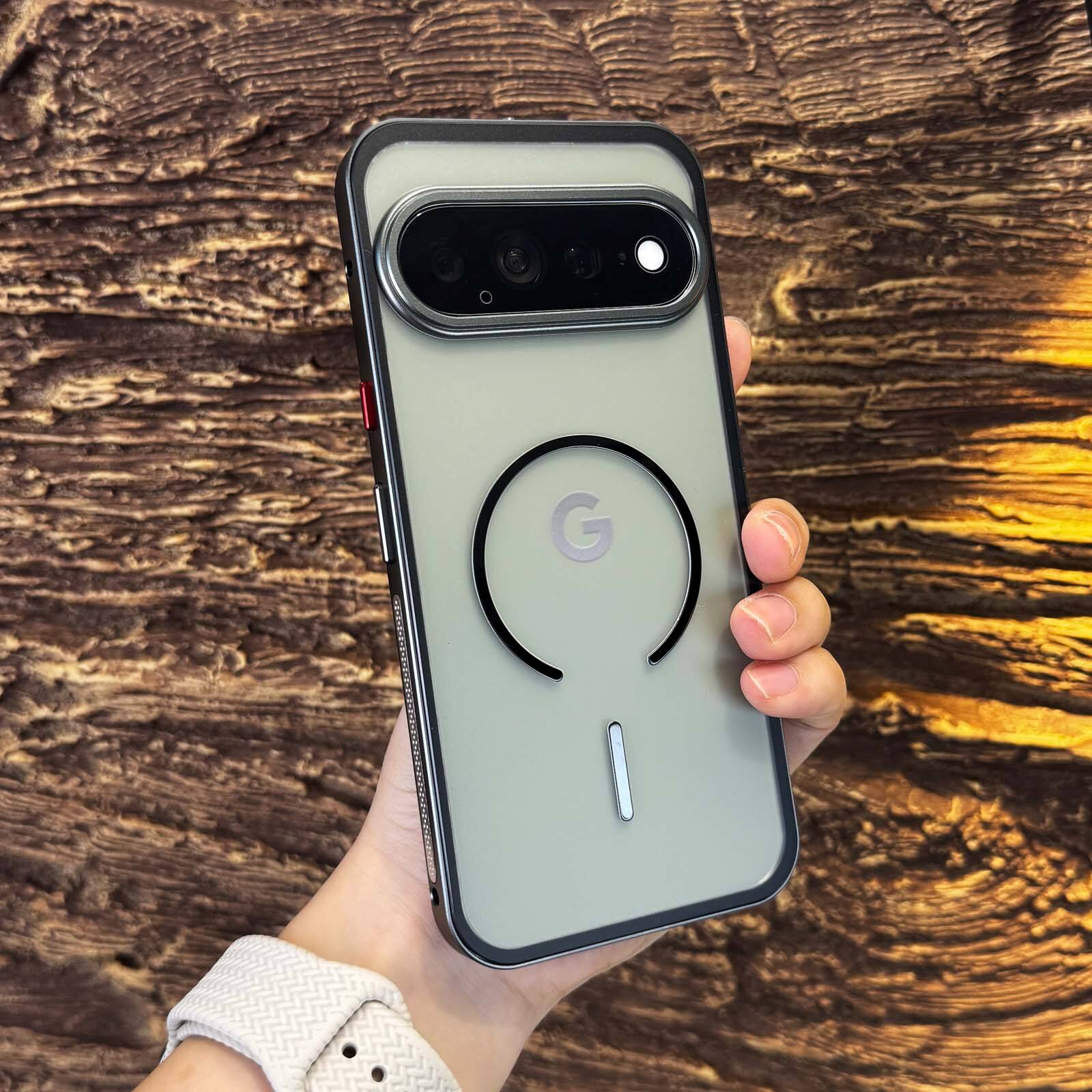Angle. Dteck - Magnetic Aluminum Bumper Case for Google Pixel 11 Pro, Slim Shockproof Translucent Matte Phone Cover with Buckle Lock - Silver.
