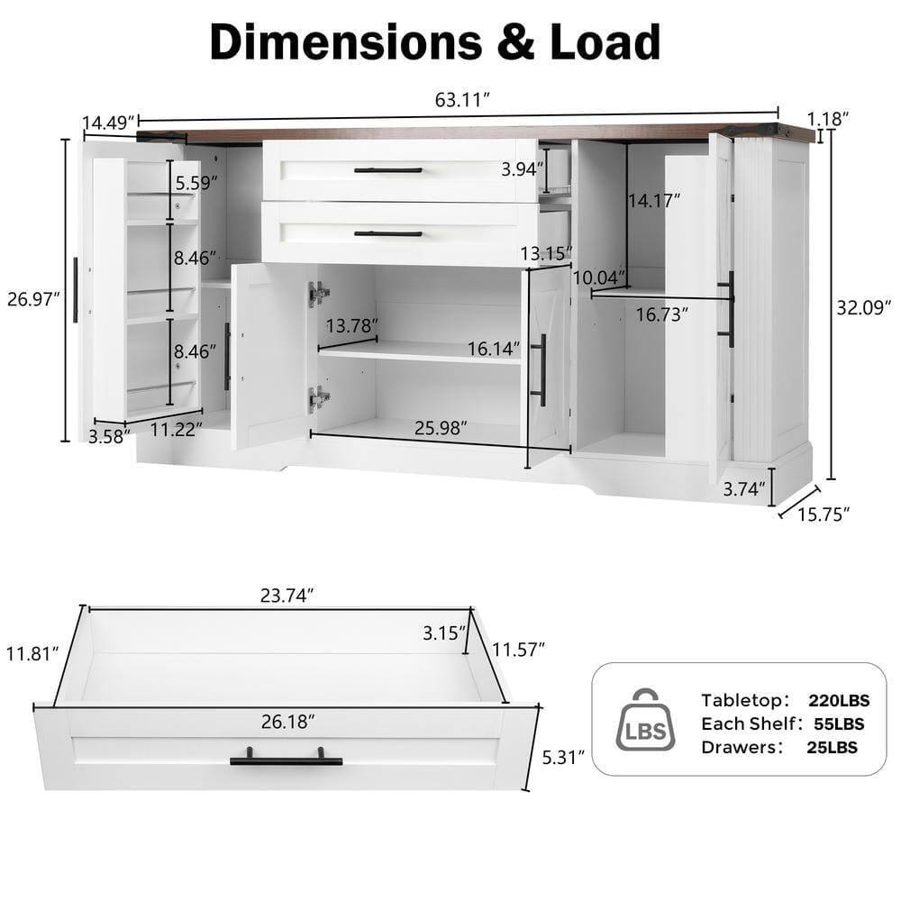 Dimensions & Load

- Width: 63.11"
- Depth: 26.97"
- Height: 32.09"
- Tabletop: 220LBS
- Each Shelf: 55LBS
- Drawers: 25LBS

Detailed Dimensions:
- Top Shelf: 14.49" (W) x 3.94" (D) x 1.18" (H)
- Second Shelf: 14.17" (W) x 3.94" (D) x 1.18" (H)
- Third Shelf: 13.78" (W) x 3.94" (D) x 1.18" (H)
- Bottom Shelf: 13.15" (W) x 3.94" (D) x 1.18" (H)
- Drawer: 14.17" (W) x 10.04" (D) x 3.58" (H)
- Drawer: 16.73" (W) x 10.