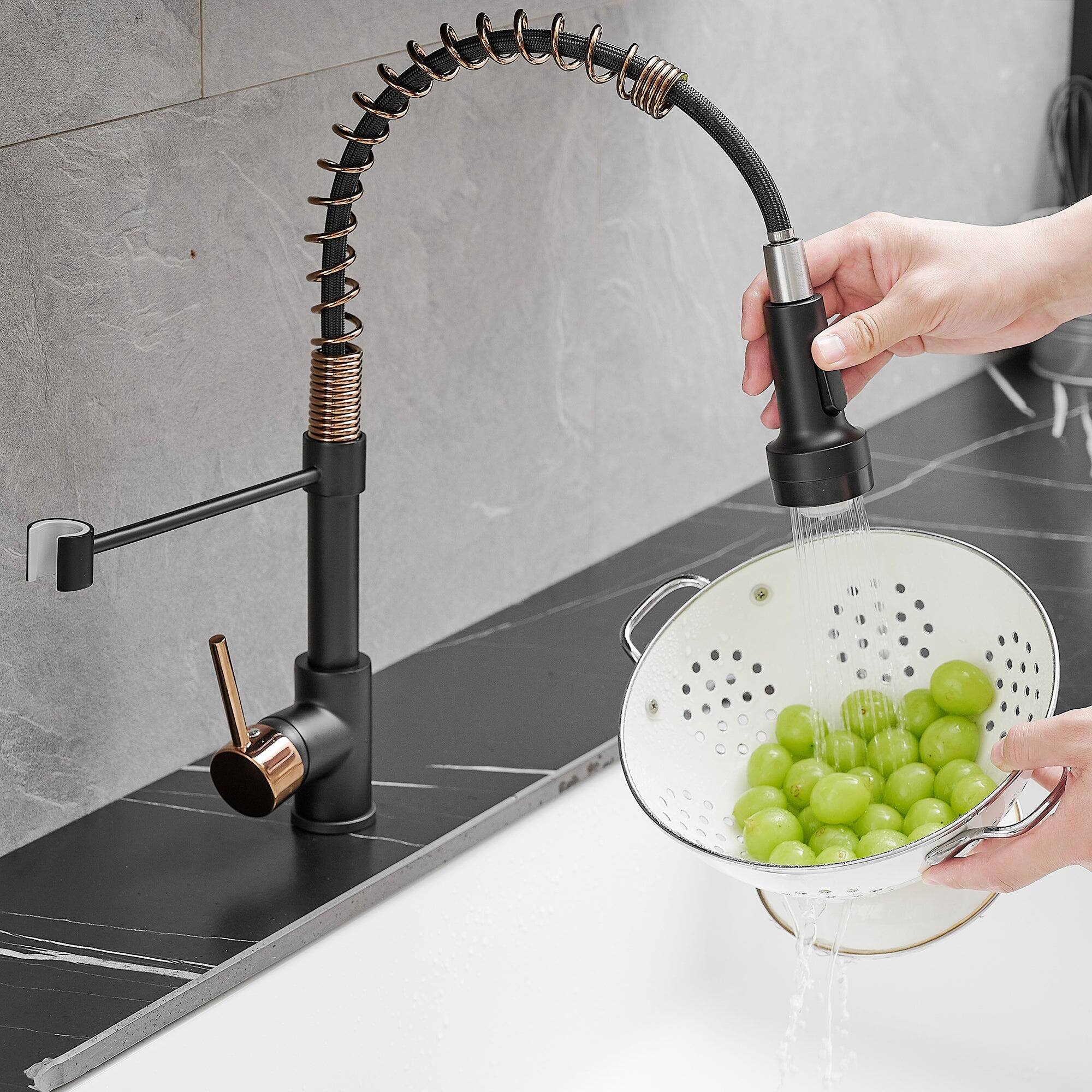 Back. Boyel Living - Brass Pull Down Sprayer Kitchen Faucet with LED Temperature Sensor Light in Matte Black Rose Gold - Matte Black with Rose Gold.
