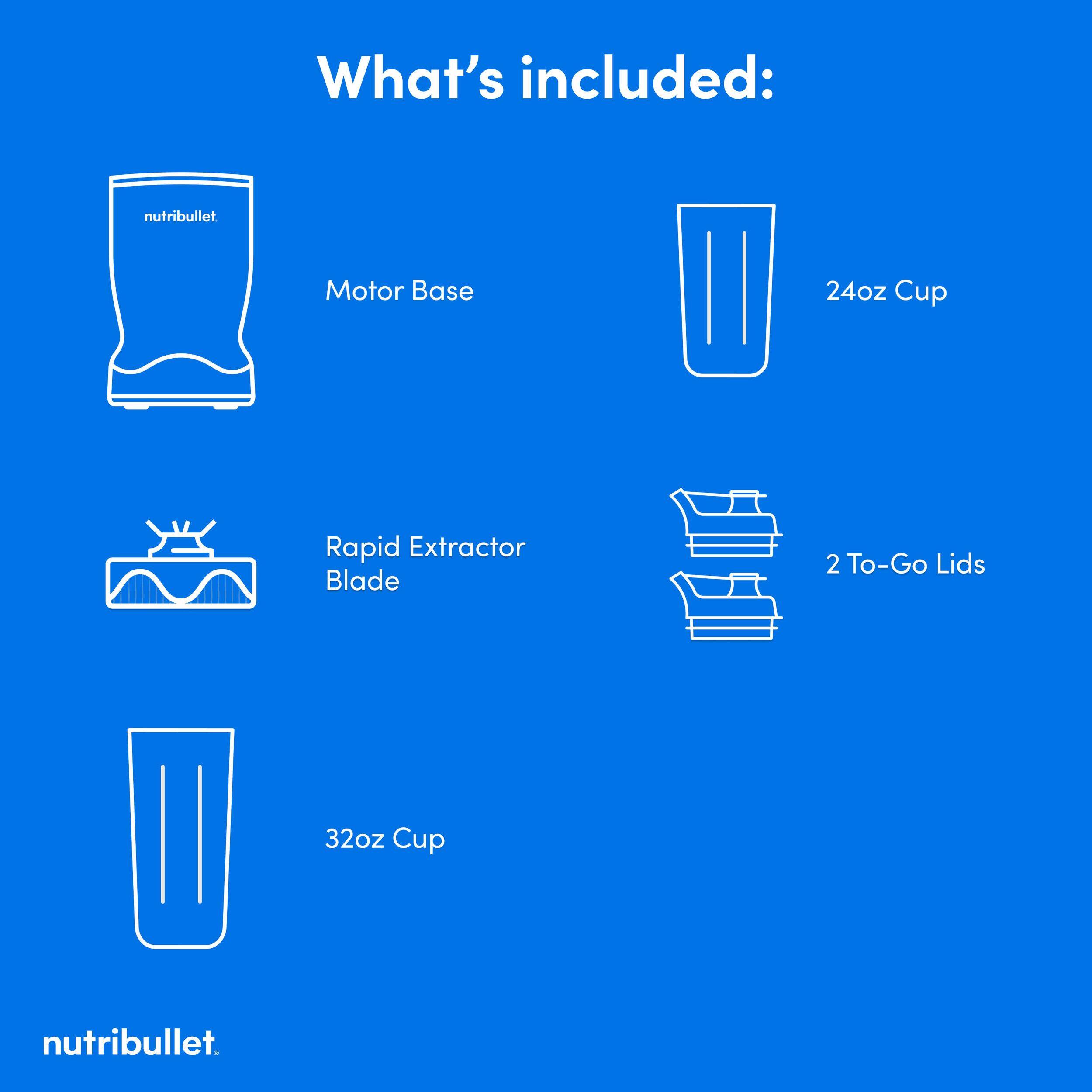 What's included: nutribullet Motor Base 24oz Cup Rapid Extractor Blade 2 To-Go Lids 32oz Cup nutribullet.