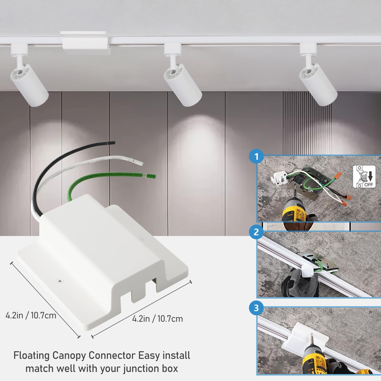 1. OFF
2. 4.2in / 10.7cm
3. 4.2in / 10.7cm
4. Floating Canopy Connector
5. Easy install
6. match well with your junction box