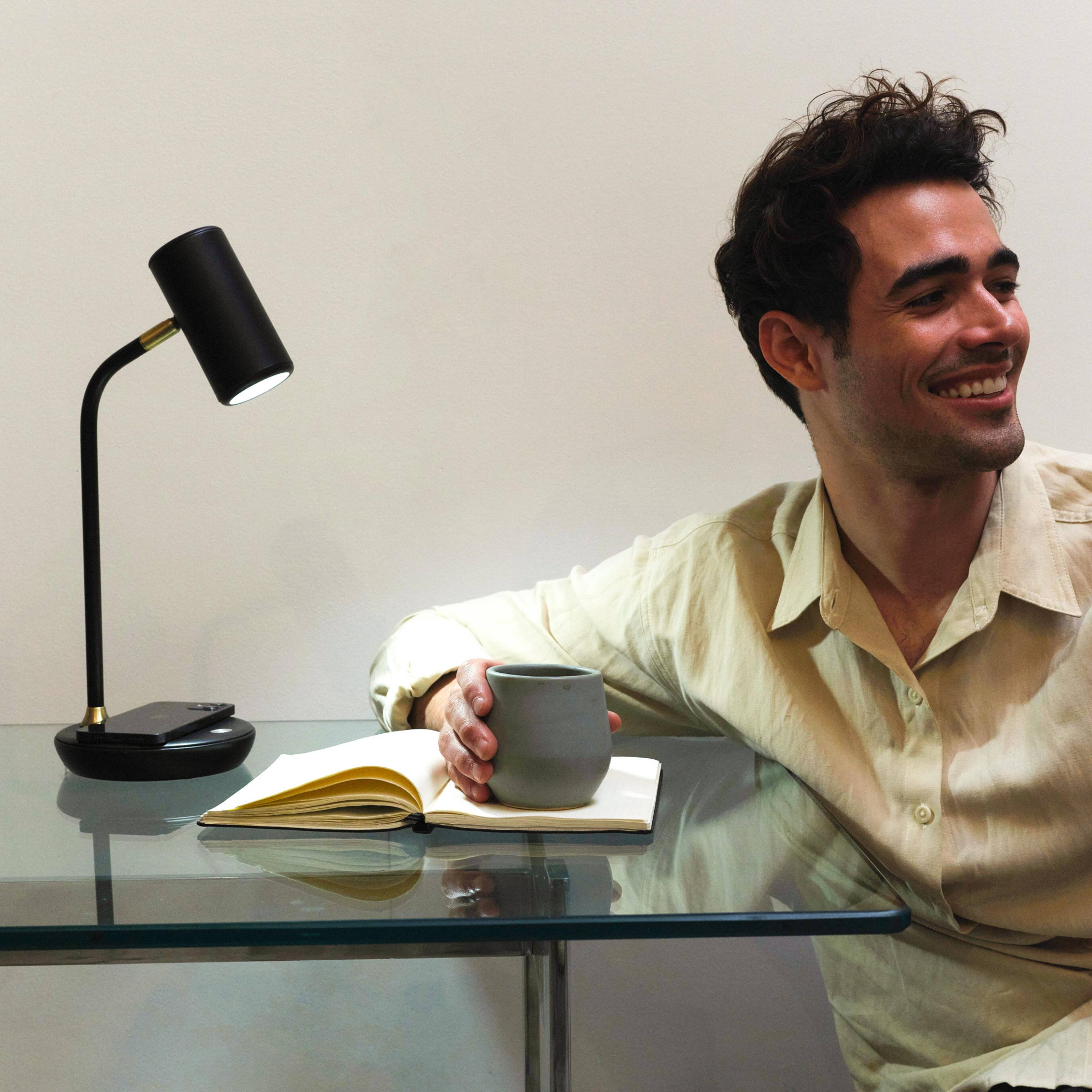 Alt View 4. Brightech - Ezra LED Modern Industrial Arc Dimmable Bedside Nightstand Desk Lamp with Wireless Charging Pad - Classic Matte Black.