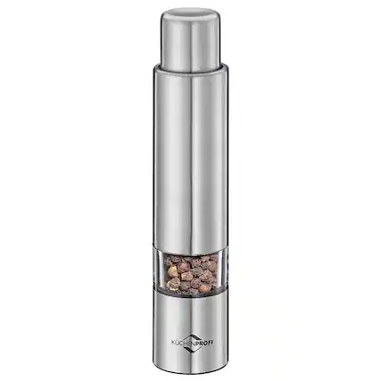 Front. Kuchenprofi - Pepper Push Mill Grinder, Stainless & Acrylic - Silver.