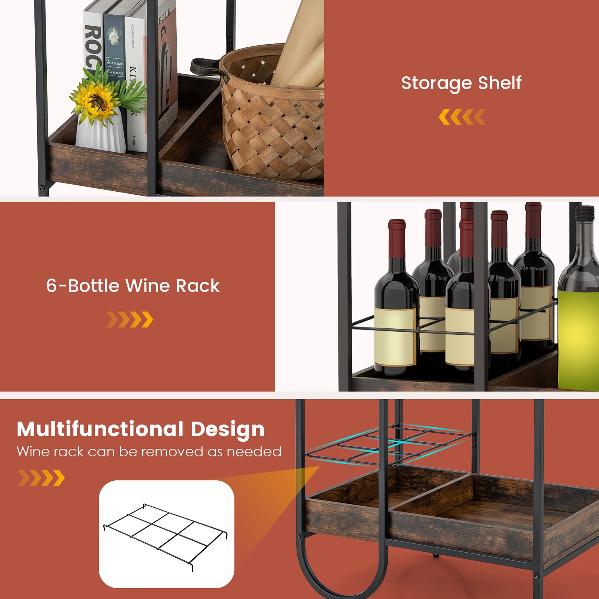 - Storage Shelf
- 6-Bottle Wine Rack
- Multifunctional Design
  - Wine rack can be removed as needed