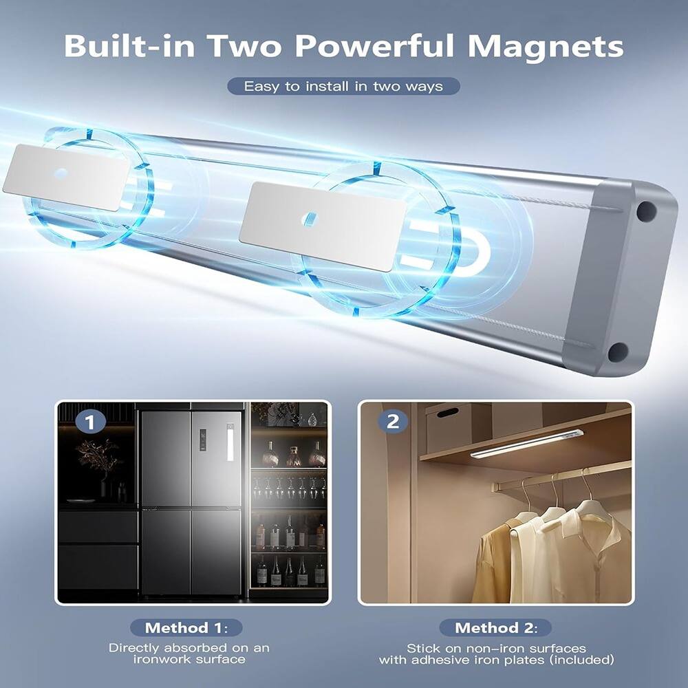 Built-in Two Powerful Magnets  
Easy to install in two ways  

Method 1:  
Directly absorbed on an ironwork surface  

Method 2:  
Stick on non-iron surfaces with adhesive iron plates (included)