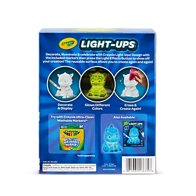 Crayola LIGHT-UPS  
Decorate, illuminate & celebrate with Crayola Light-Ups! Design with the included markers then press the Light Effects Button to show off your creation! The reusable surface allows you to create again and again!  

Decorate & Display  
Glow Different Colors  
Erase & Create Again  

Try with Crayola Ultra-Clean Washable Markers!  

Also Available:  
LIGHT-UPS Crayola D WASHABLE MARKERS  
71662  
7435