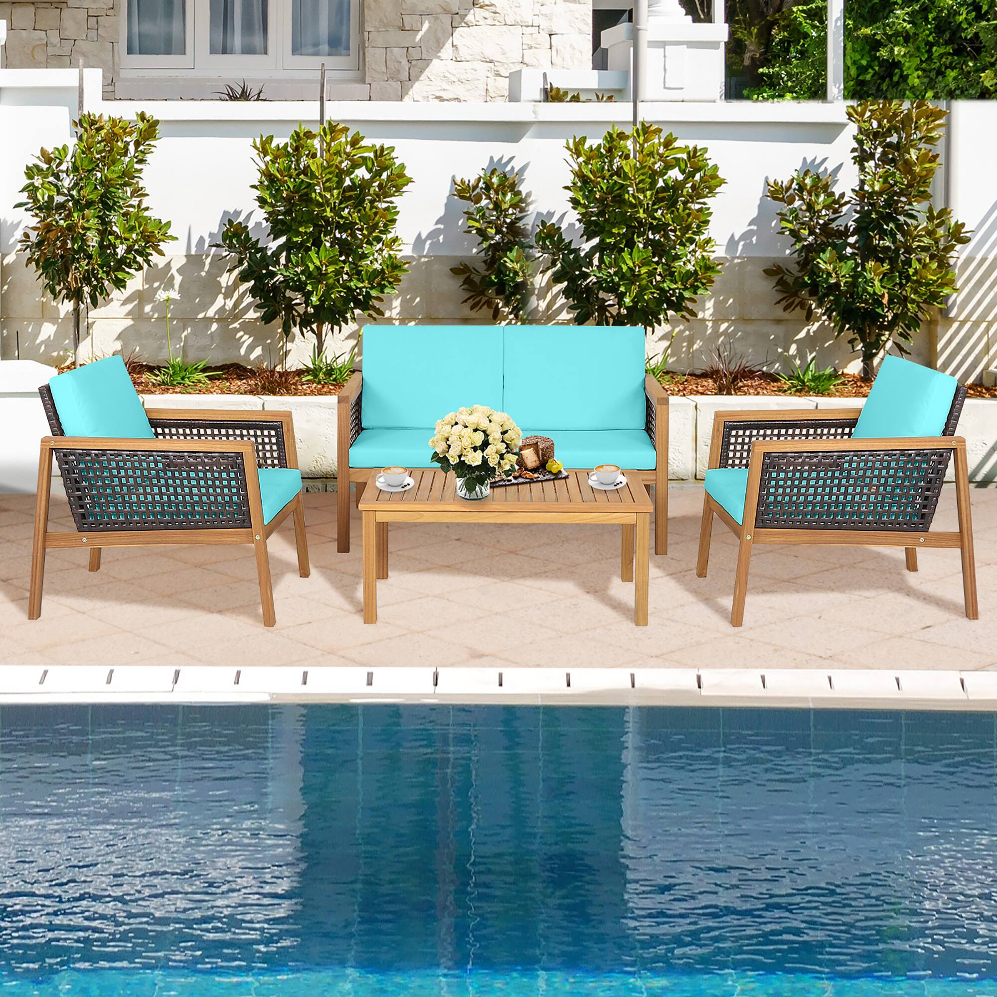 Alt View 1. Costway - Costway 4PCS Patio Rattan Furniture Set Acacia Wood Cushioned Sofa - Mix Brown,Turquoise.