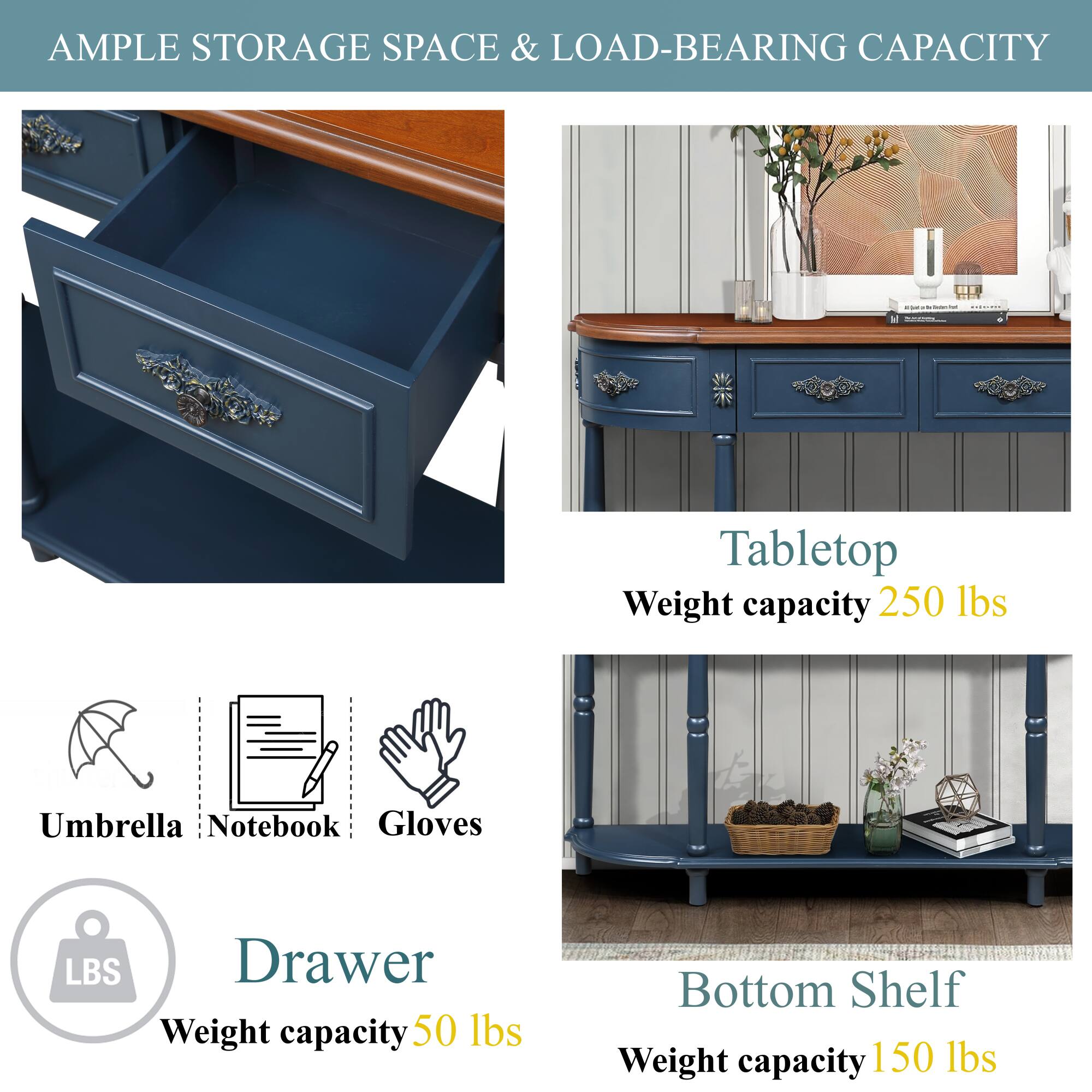 **AMPLE STORAGE SPACE & LOAD-BEARING CAPACITY**

- **Tabletop**
  - Weight capacity: 250 lbs

- **Drawer**
  - Weight capacity: 50 lbs

- **Bottom Shelf**
  - Weight capacity: 150 lbs

- **Icons:**
  - Umbrella
  - Notebook
  - Gloves

**LBS**