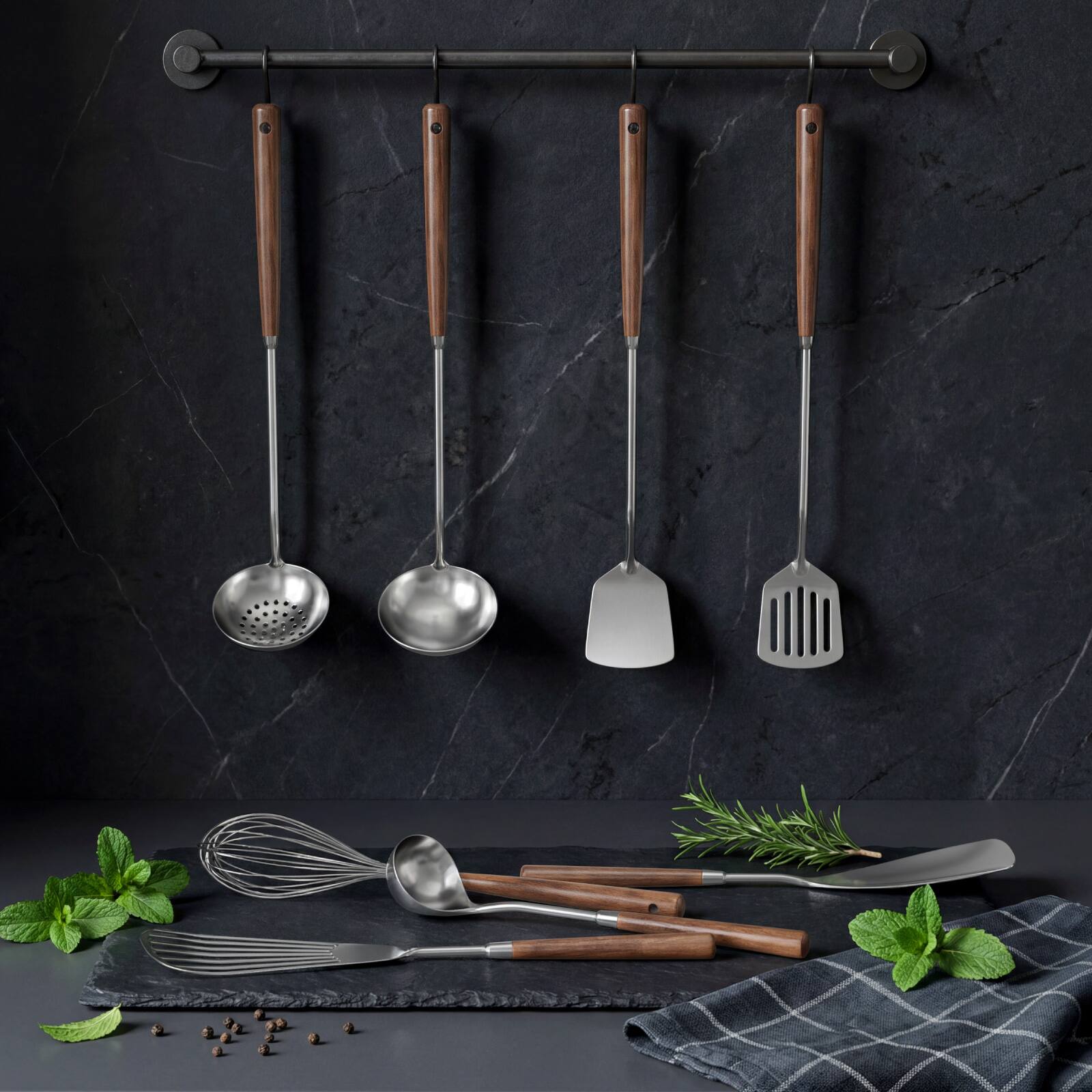 Alt View 4. Sugift - 8-Piece 304 Stainless Steel Cooking Utensil Set with Heat-Resistant Wooden Handles - Silver.