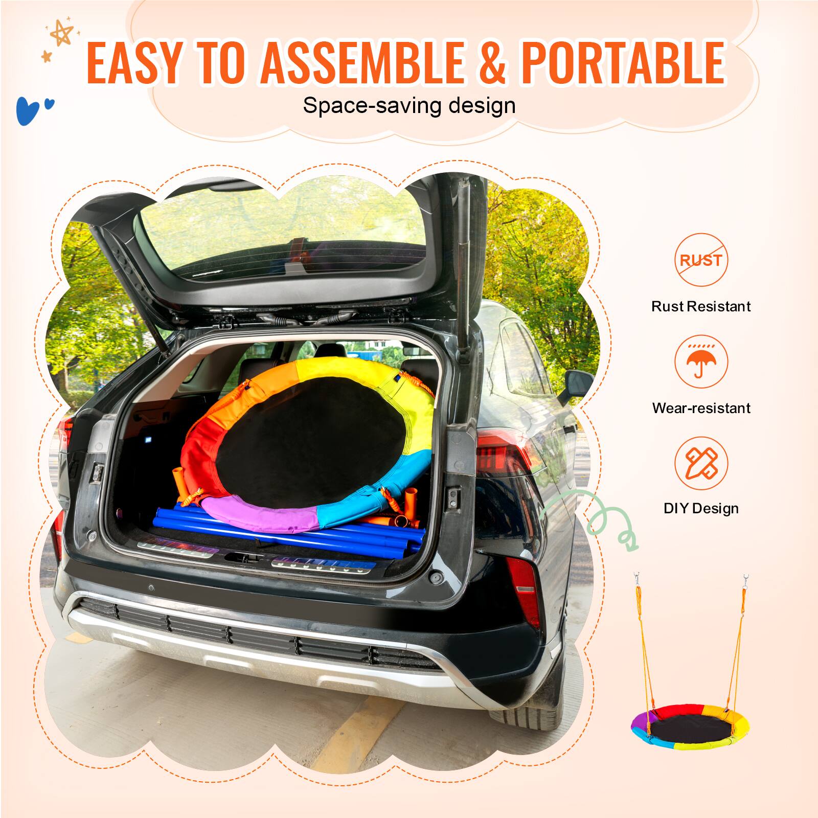 EASY TO ASSEMBLE & PORTABLE, Space-saving design, Rust Resistant, Wear-resistant, DIY Design