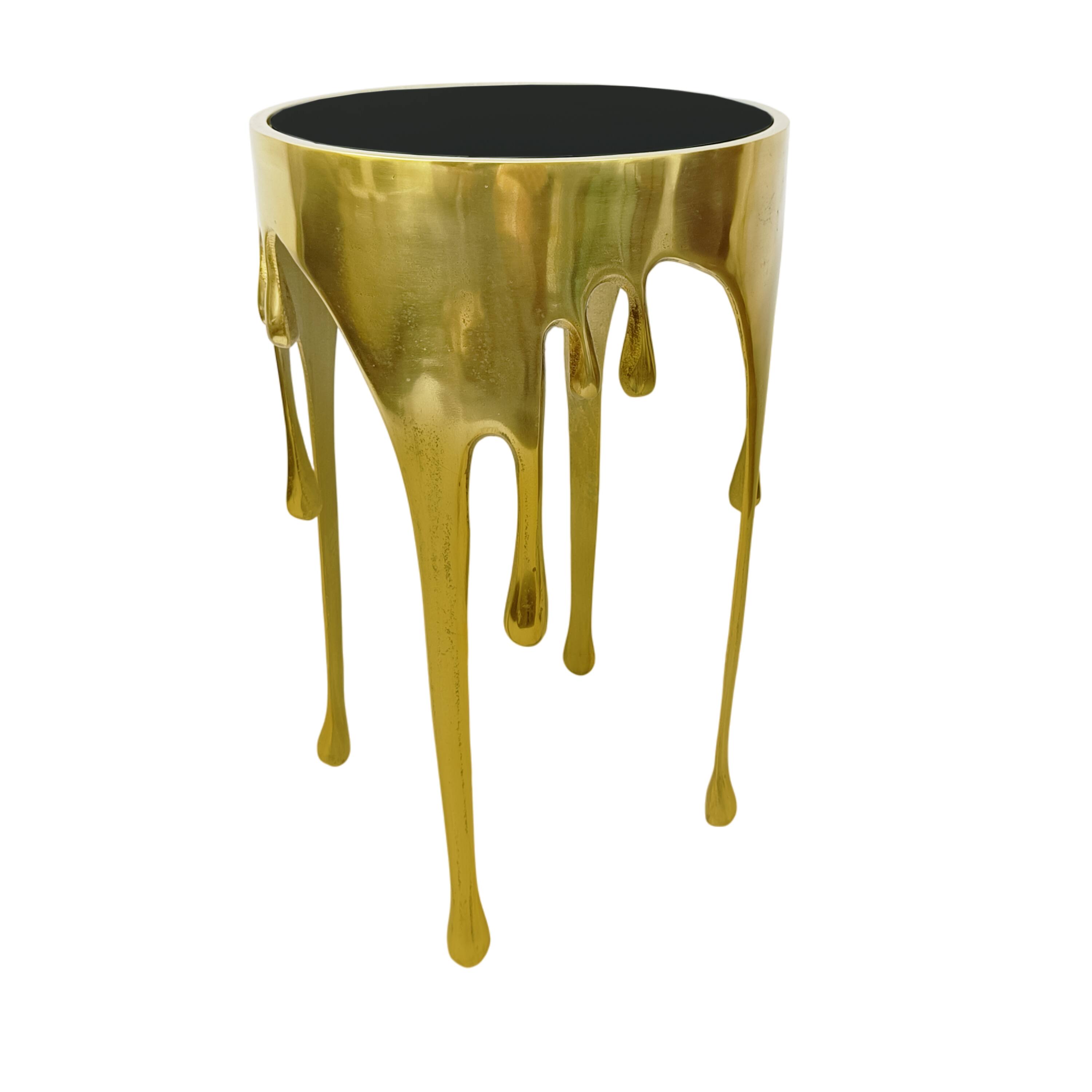 Alt View 2. Manhattan Lane - Capri Side End Table | 24.75 Inch Round Glass Top | Melting Drip Design - Gold, Black.
