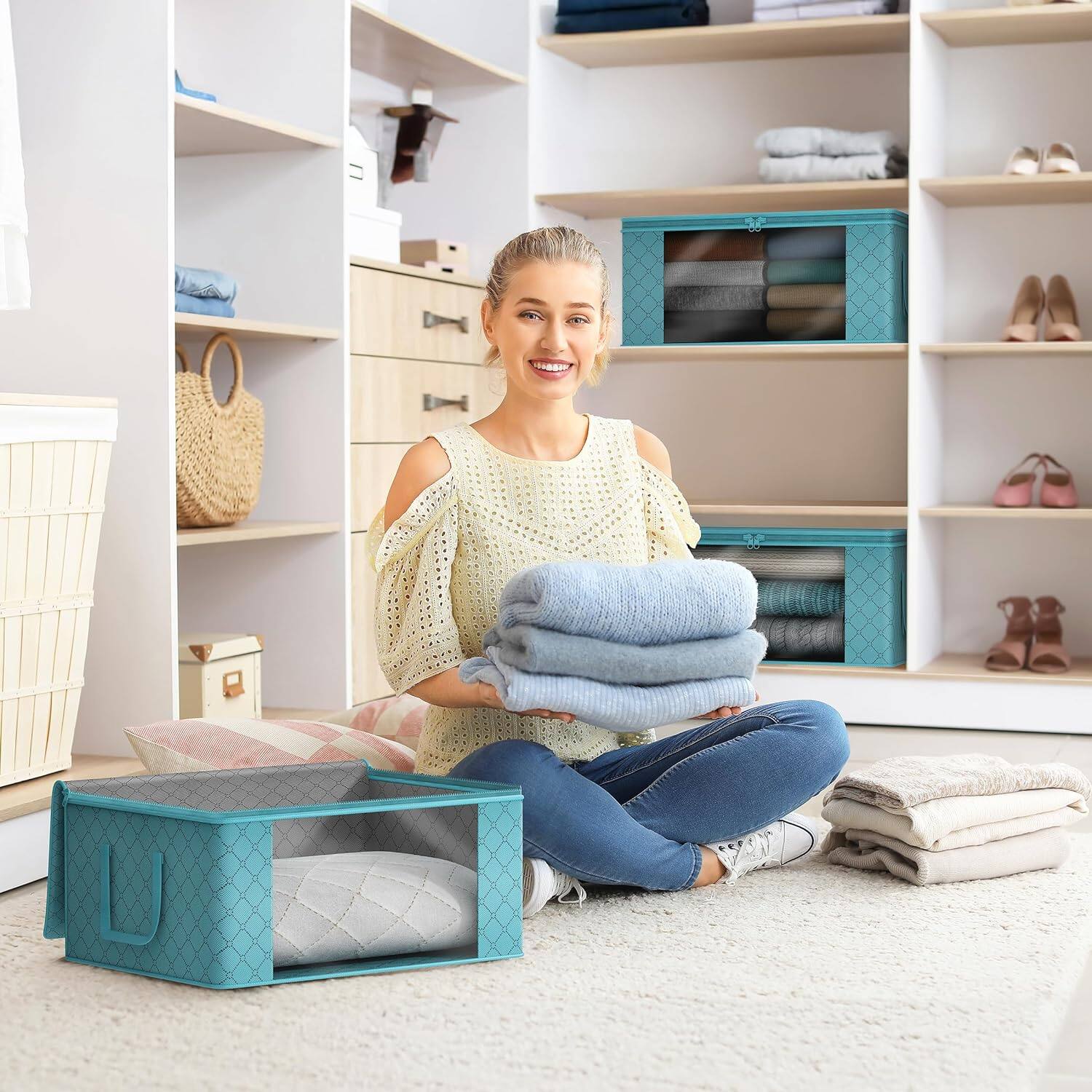 Alt View 1. Sorbus - Sorbus Foldable Storage Bag Organizers, Large Clear Window & Carry Handles, Great for Clothes, Blankets, Closets - Aqua.